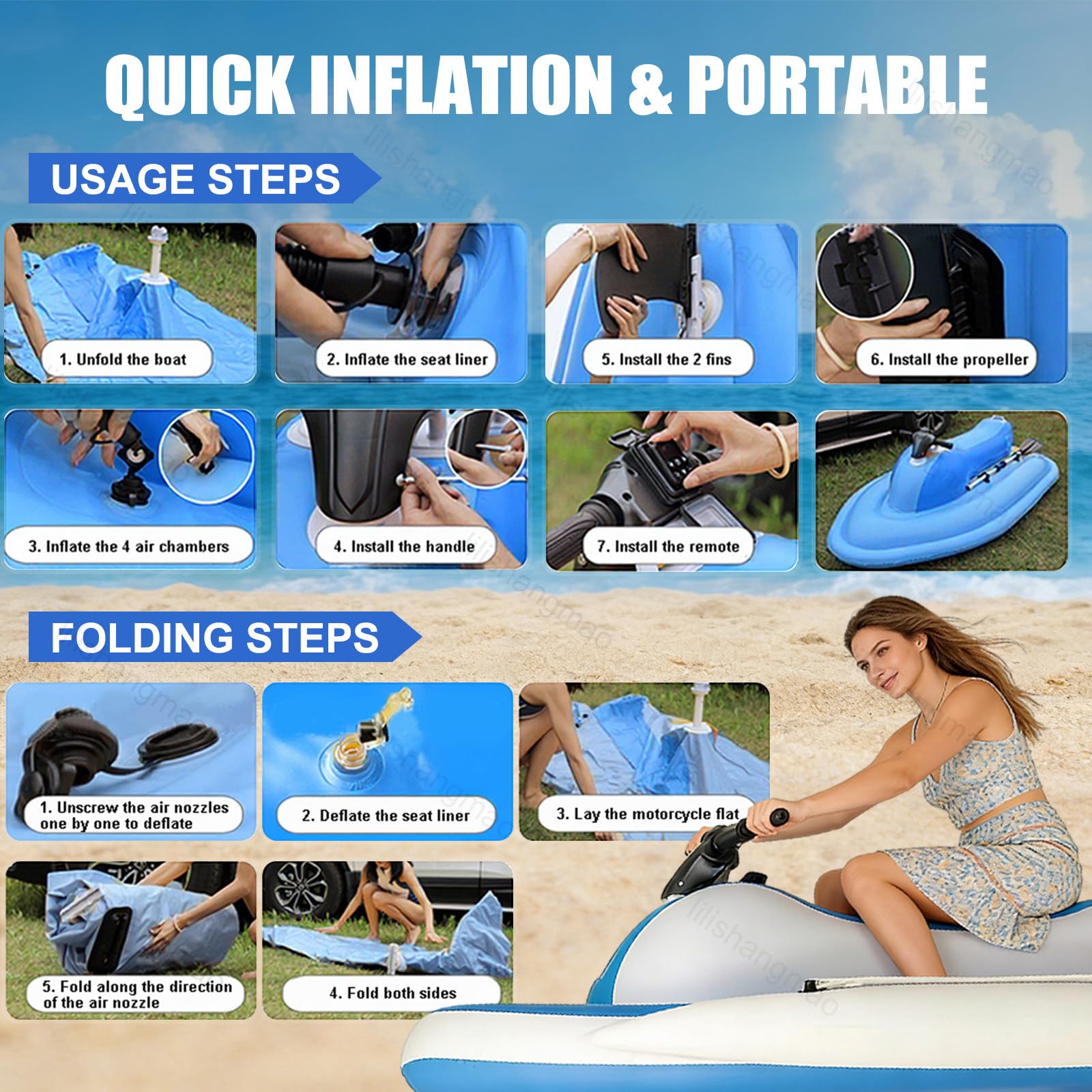 Scooter Subacuático Y Moto Acuática Inflable: 3 Formas De Jugar: Kayak, Lancha Motora Y Propulsión para Buceo. Motor Sin Escobillas Y Capacidad De 200 kg, Ideal para Snorkel Y Pesca 700W
