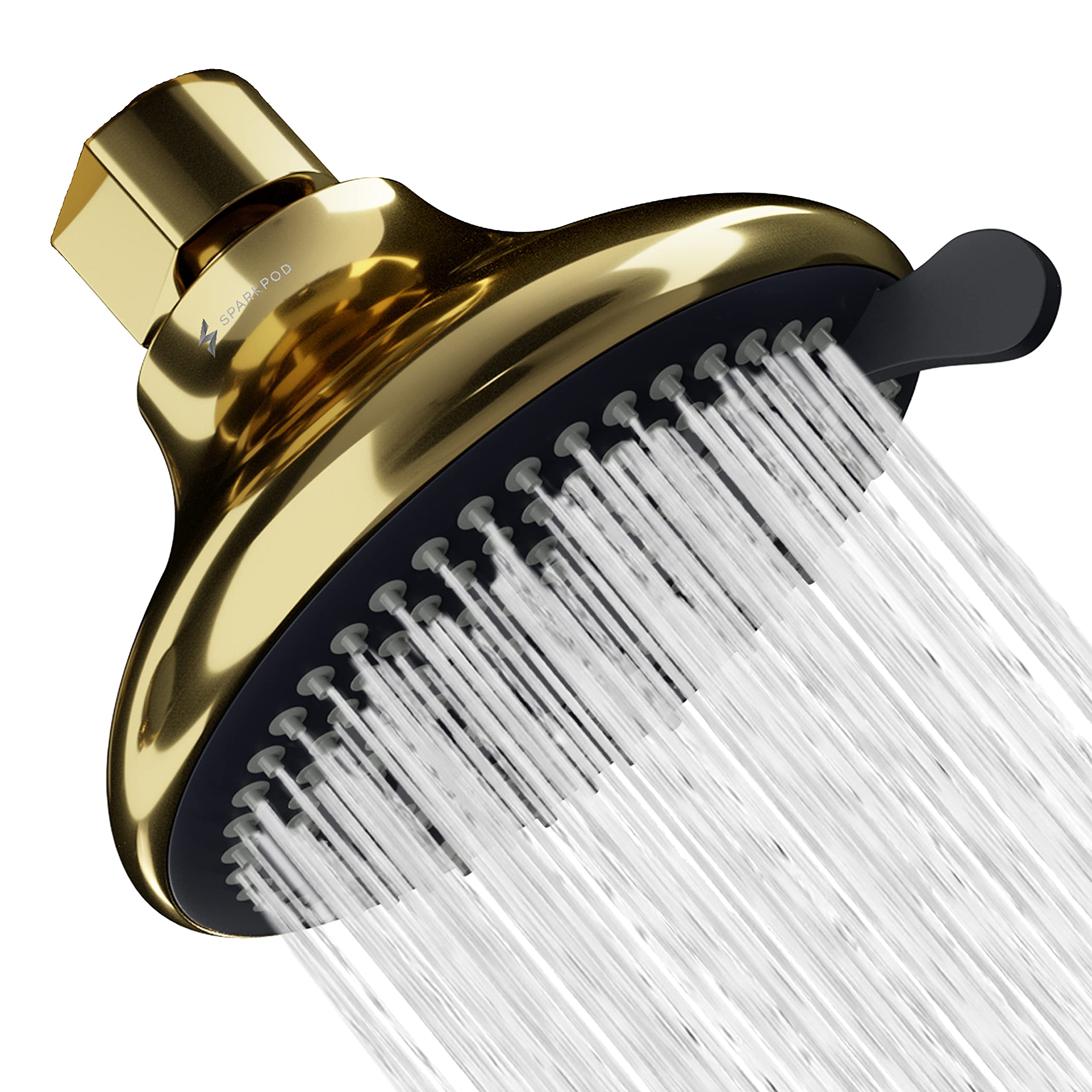SparkPodHigh Pressure 3-Function Rain Shower Head - Luxury Modern Look - 3.75" Wide Angle Rainfall Showerhead - No Hassle Tool-less 1-Min Installation - Highly Durable ABS Plastic - Egyptian Gold