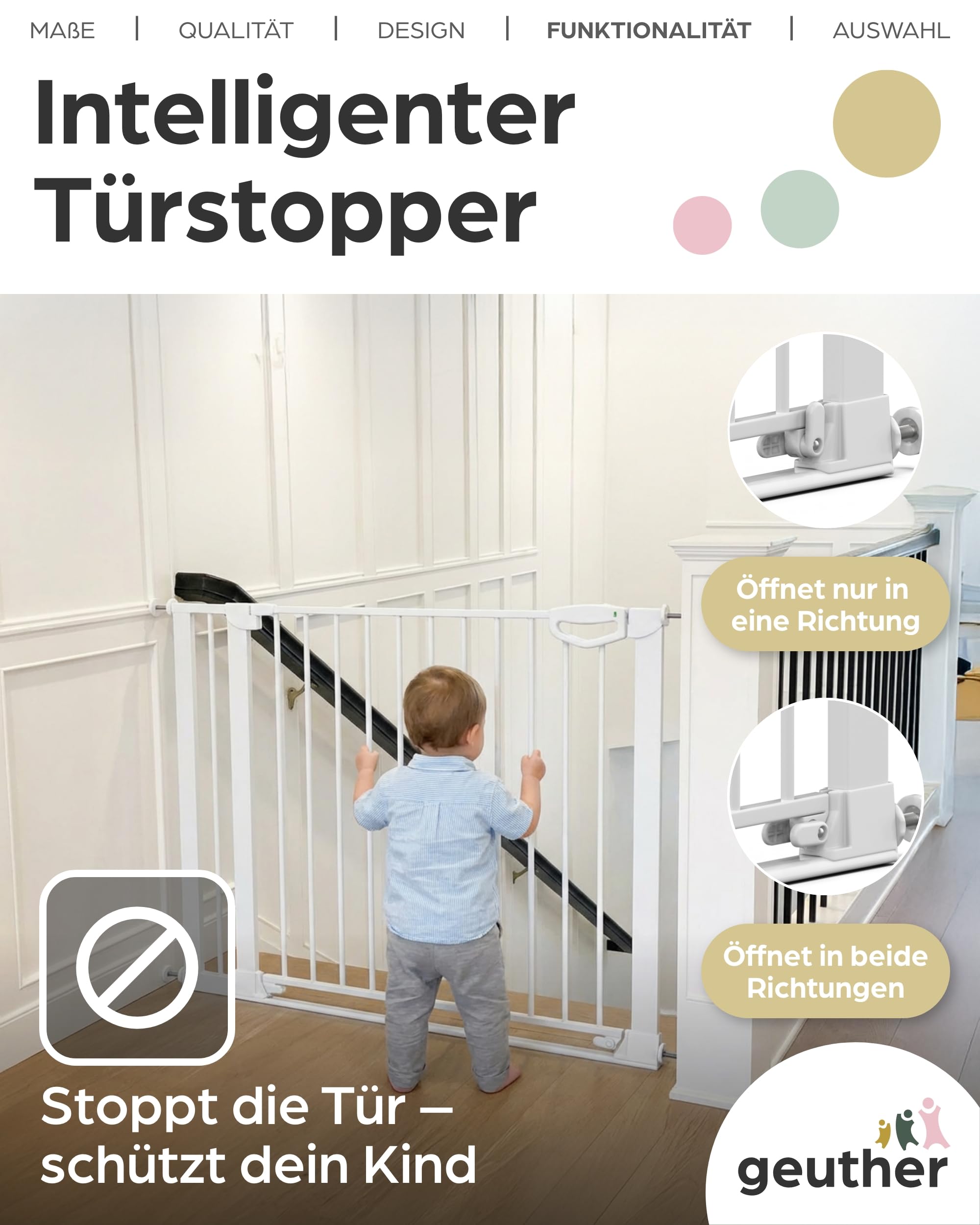 Geuther Easylock Flatstep Türschutzgitter Weiß 97-104 cm Treppenschutzgitter Klemm-Bohrmontage Kinderschutzgitter beidseitig öffnend