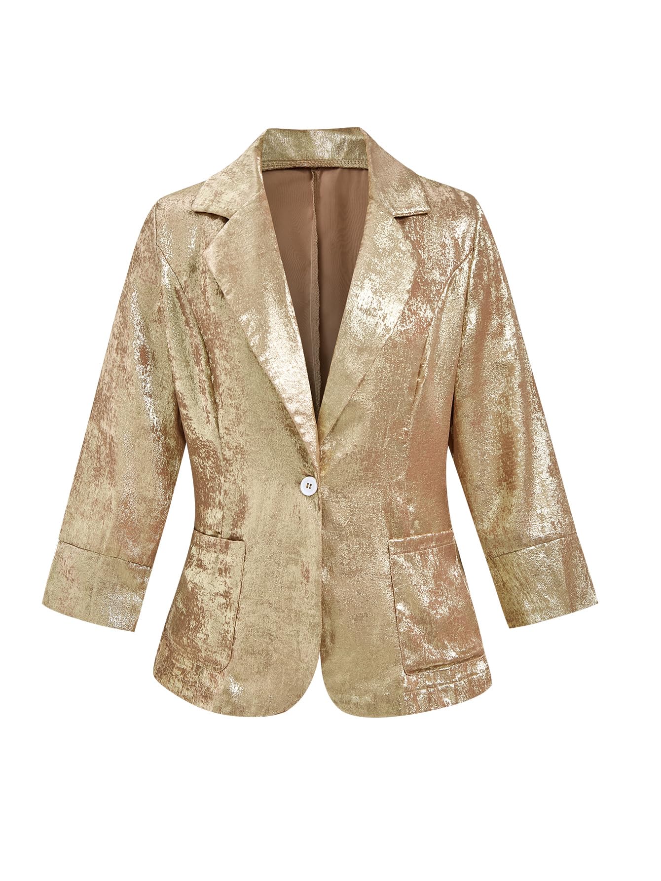 Womens 3 4 Sleeve Notched Lapel Collar Button Front Blazer Shiny Party Jacket with Pockets