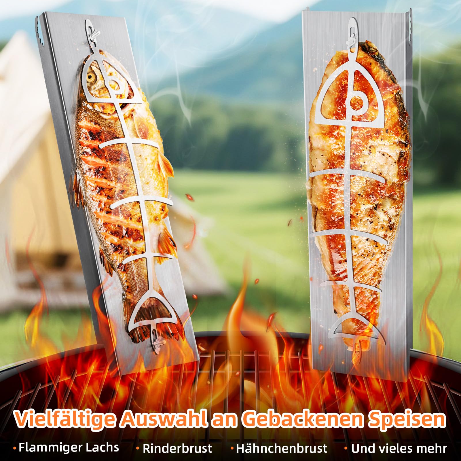 Flammlachsbrett Lachsbrett aus Edelstahl für Feuerschale und Kugelgrill Grill Feuerstelle Feuerschalen | Flammlachsbretter mit Halterung 180° Wendefunktion 5 Fach Verstellbar 58.5X16cm