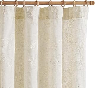 Linen Blend Boho Curtains of White Embroidered on Beige Farmhouse Curtains 84 Inches Long Embroidered Light Filtering French Country Drapes Rod Pocket Window Treatments Set 2 Panels - Buy now