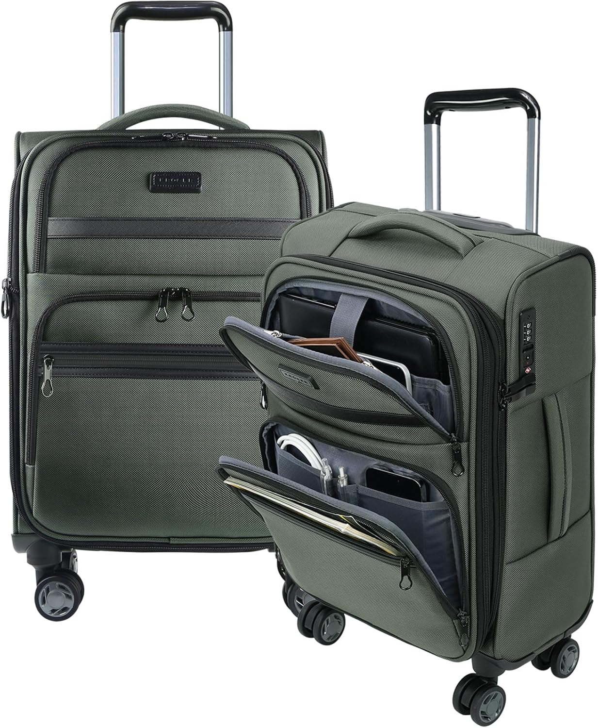 KROSER Softside Expandable Carry On Luggage with Front Business Pockets,20 Inch Suitcases with Spinner Wheels & Built-in TSA Lock, Durable Suitcase Rolling Luggage with USB Port, Army Green