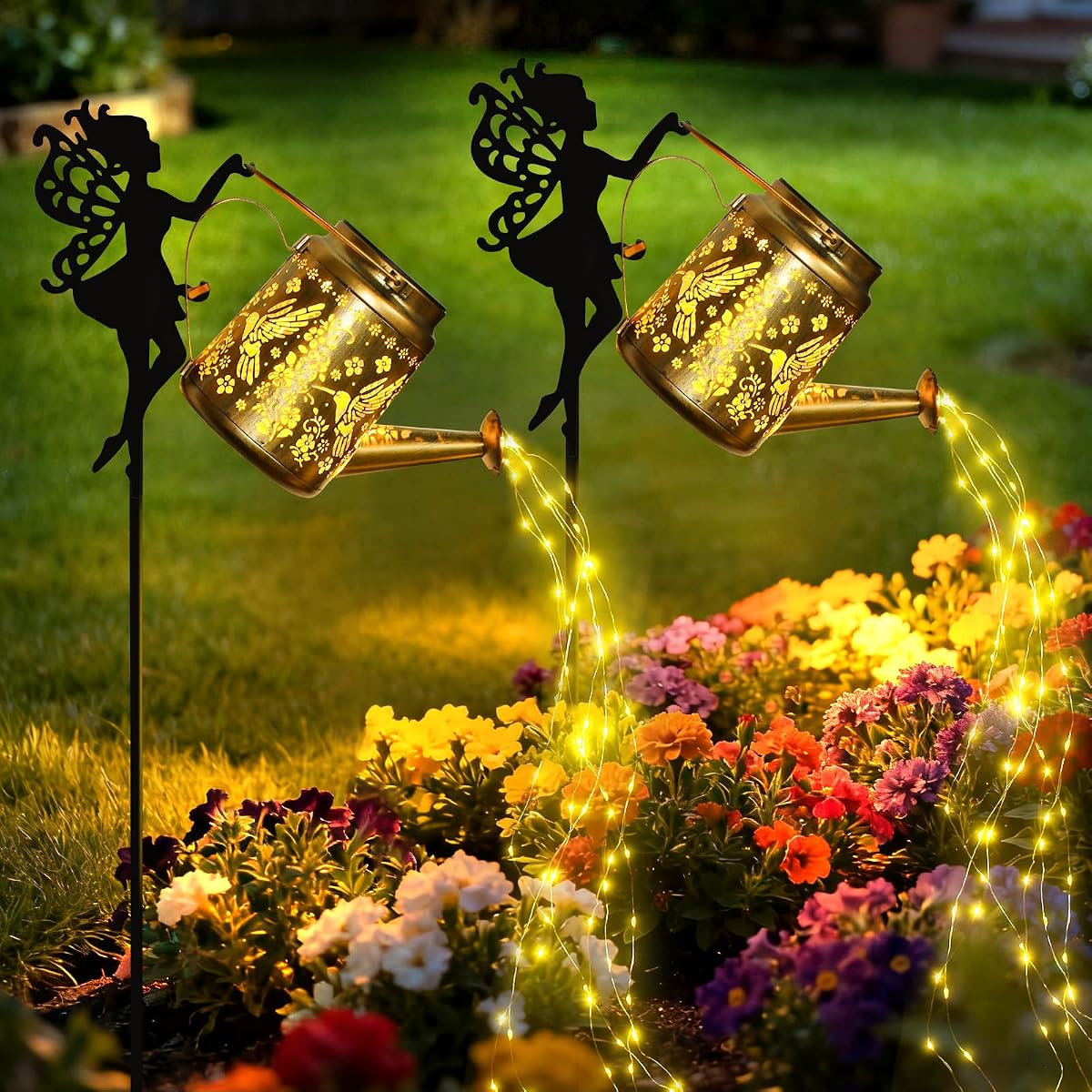 X-PREK Luces solares al aire libre impermeables, luces solares de jardín de hadas, decoración al aire libre, regadera solar de colibrí, regalos de jardinería para mamá abuela, 2 paquetes