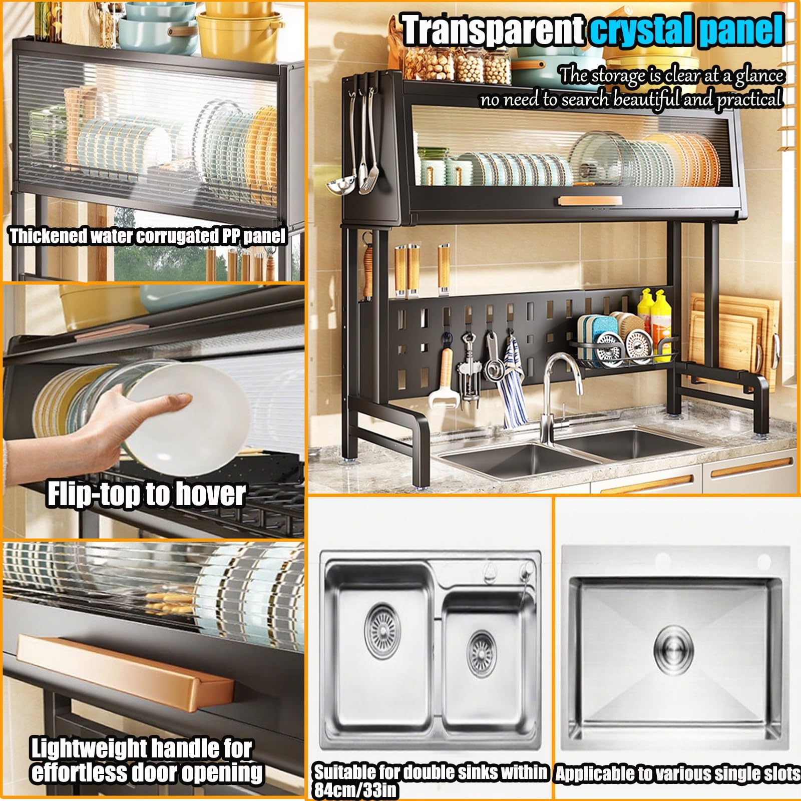 Escurridor ajustable de 3 niveles sobre fregadero de 59 a 84 cm, ahorra espacio, cocina con diseño moderno para un secado eficiente y secado
