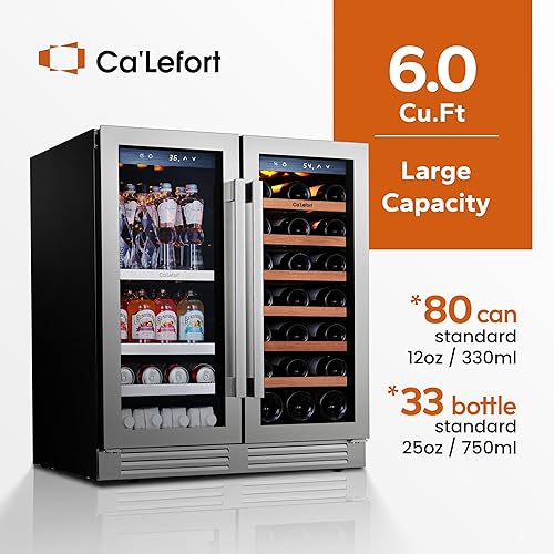 Miniatura 2 de Ca'Lefort Refrigerador de vino y bebidas de 30 pulgadas, refrigerador de vino para 80 latas y 33 botellas, nevera de vino de doble zona de 36-72 F,