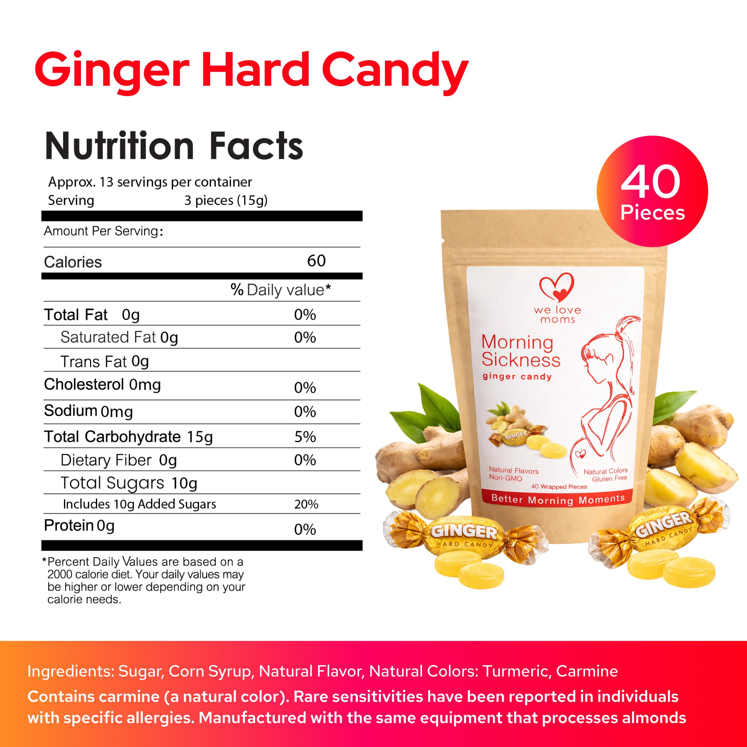 We Love Moms Morning Sickness Ginger Candy Lozenges for Pregnancy & Travel, Queasy Tummy Comfort, Individually Wrapped, Natural Flavors & Colors, 40 Pieces — Amazon image 2