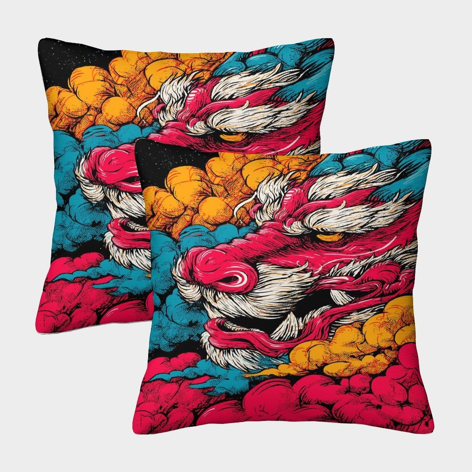 HWEICOIN 3D Printed Dragon Square Pillowcases Dinosaurs Square Throw Pillow Decorative Super Soft Pack of 2 for Patio,Couch, Tent, Balcony And Sofa 50x50cm