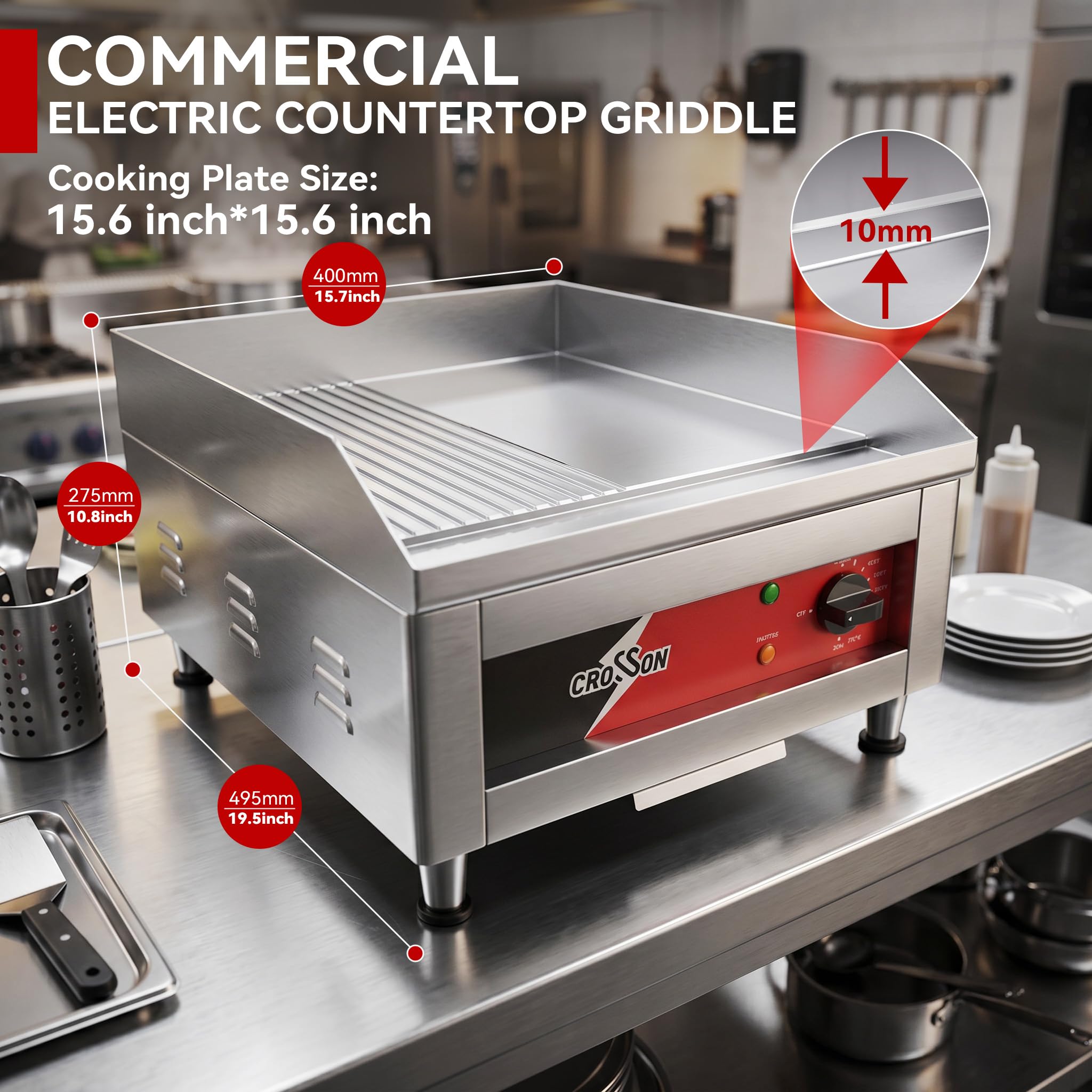 CROSSON Plancha Eléctrica Comercial 2500W, Plancha Eléctrica Cocinar Profesional de Fundición de 10mm de Espesor Anti-adhesivo 40x40 cm,Temperatura de 88-300 °C,para Restaurante,Cocinas