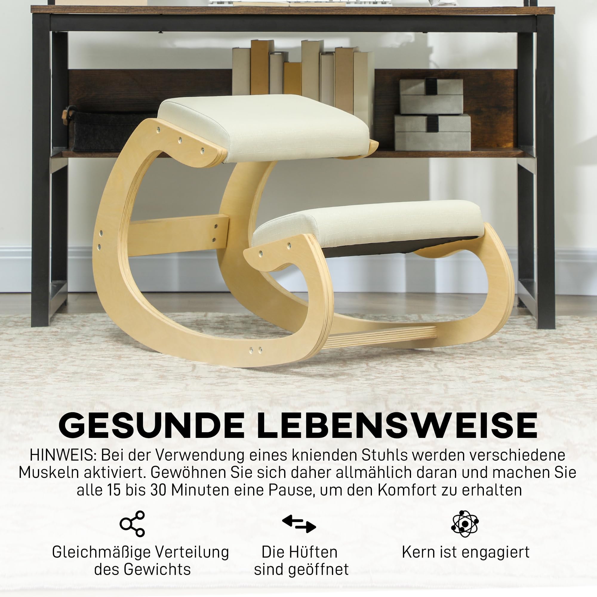 HOMCOM Kniestuhl Ergonomisch aus Holz, Gesundheitsstuhl zur Verbesserung der Körperhaltung, Bürostuhl für Homeoffice, Cremeweiß