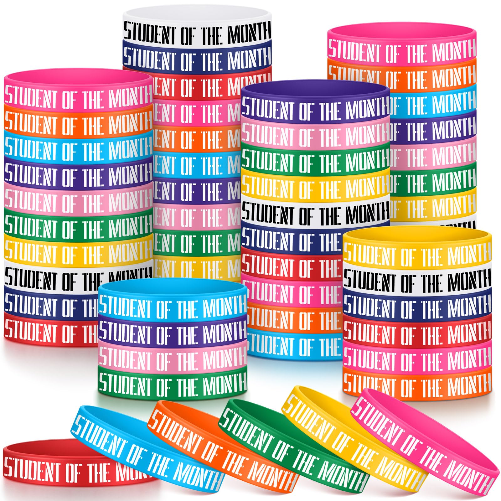 Cunno 100 Pcs Student of The Month Silicone Wristbands 10 Assorted Color Reward Rubber Bracelets for School Classroom Recognition Award Birthday Party Supplies