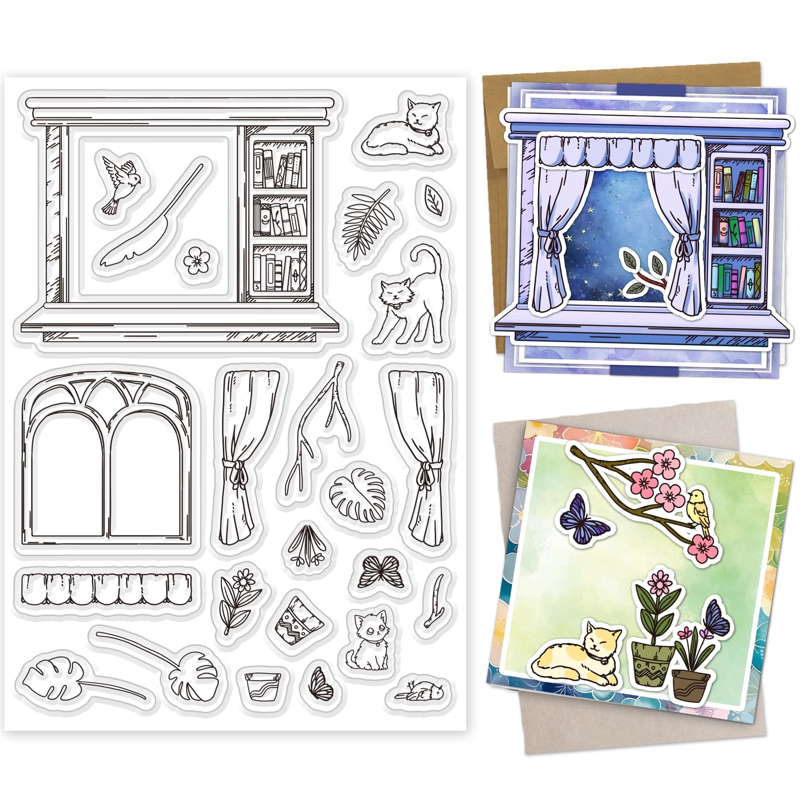 INFUNLY Clear Stamps A4 Vintage Finestra Scrivania Francobolli di Gomma Retro Timbri in Silicone Gatto Fiore Sigilli per Creazione