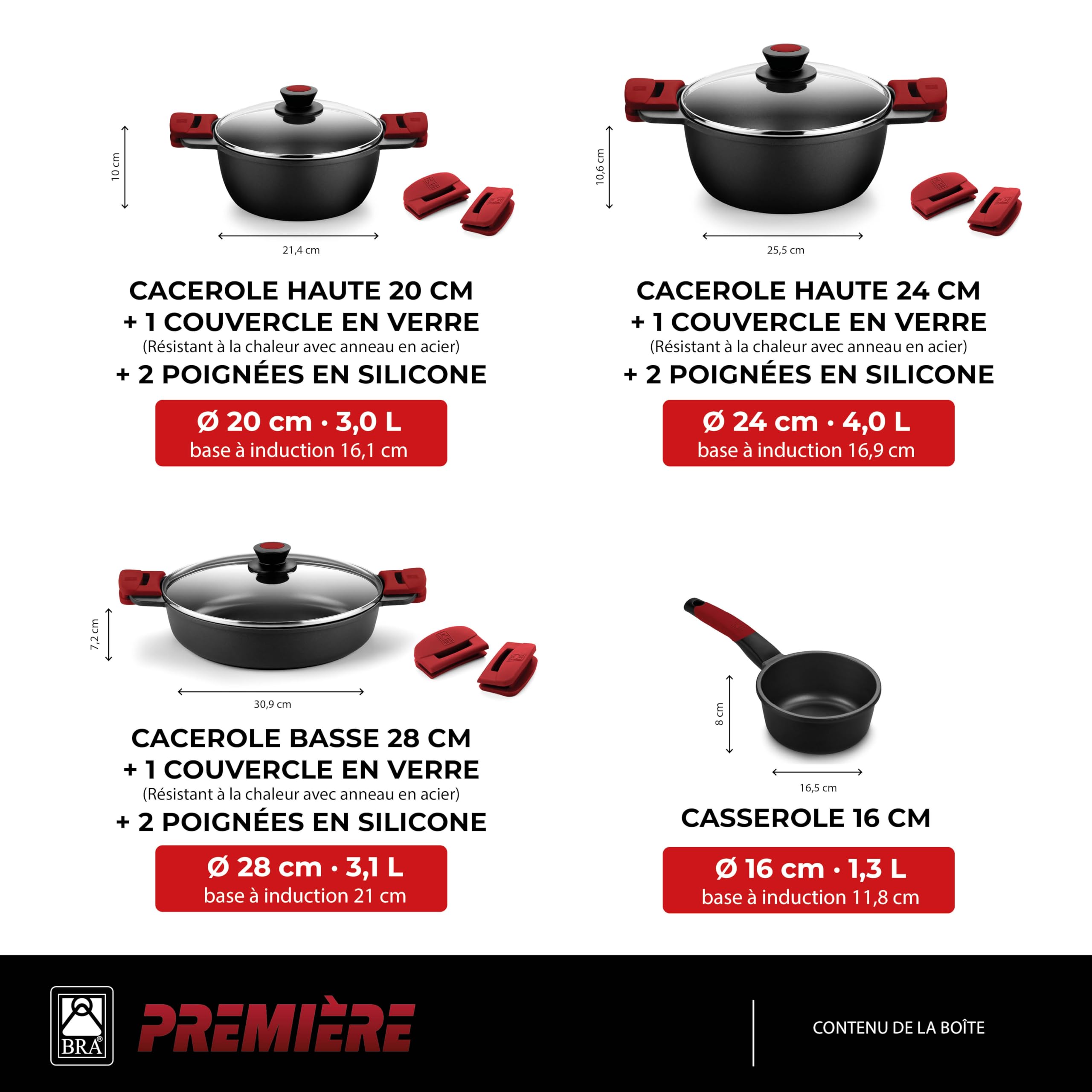 BRA Premiere | Batterie de cuisine 7 pièces en fonte d’aluminium avec revêtement antiadhésif, tous feux dont induction