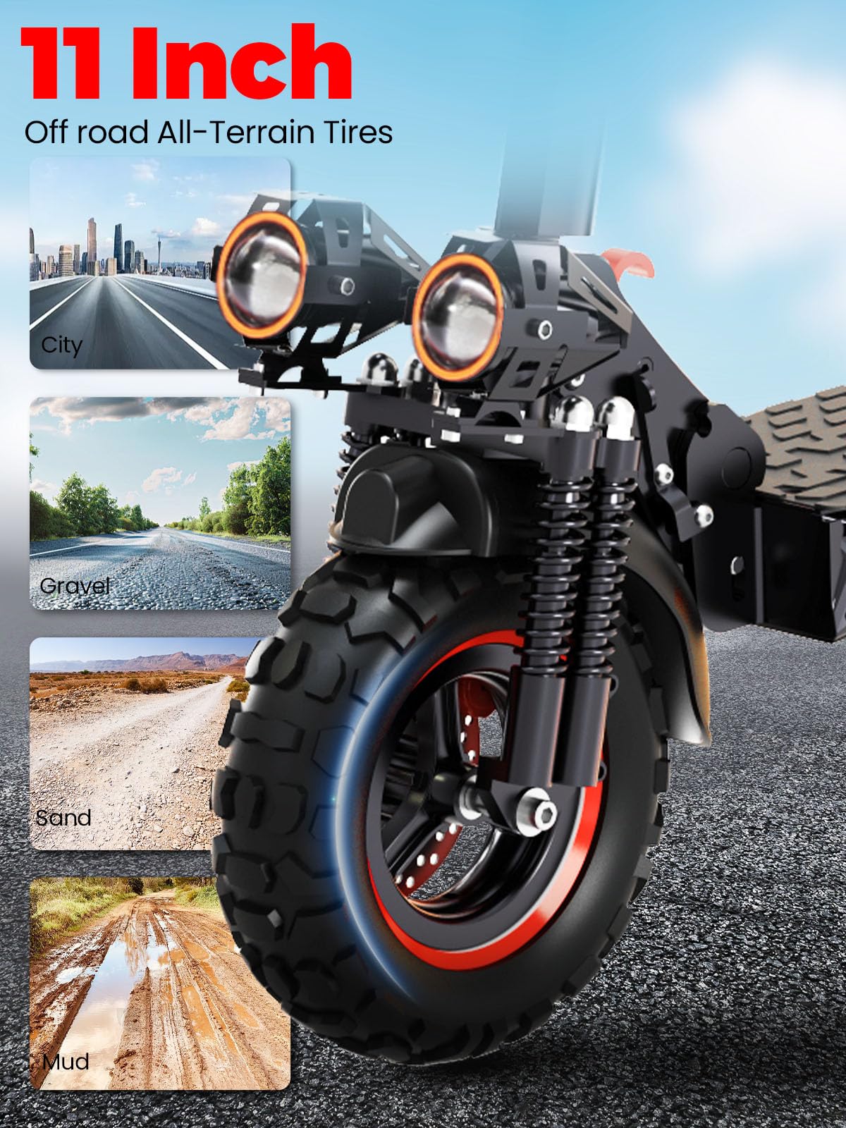 1200W Patinete Electrico Adultos Plegable E-Scooter - 45-55km Autonomía, 11" Neumáticos Todo Terreno Patinetes Eléctricos Todoterreno, IPX5,Doble Frenos & Suspensión, 3 Modos Velocidad, Carga 150 kg