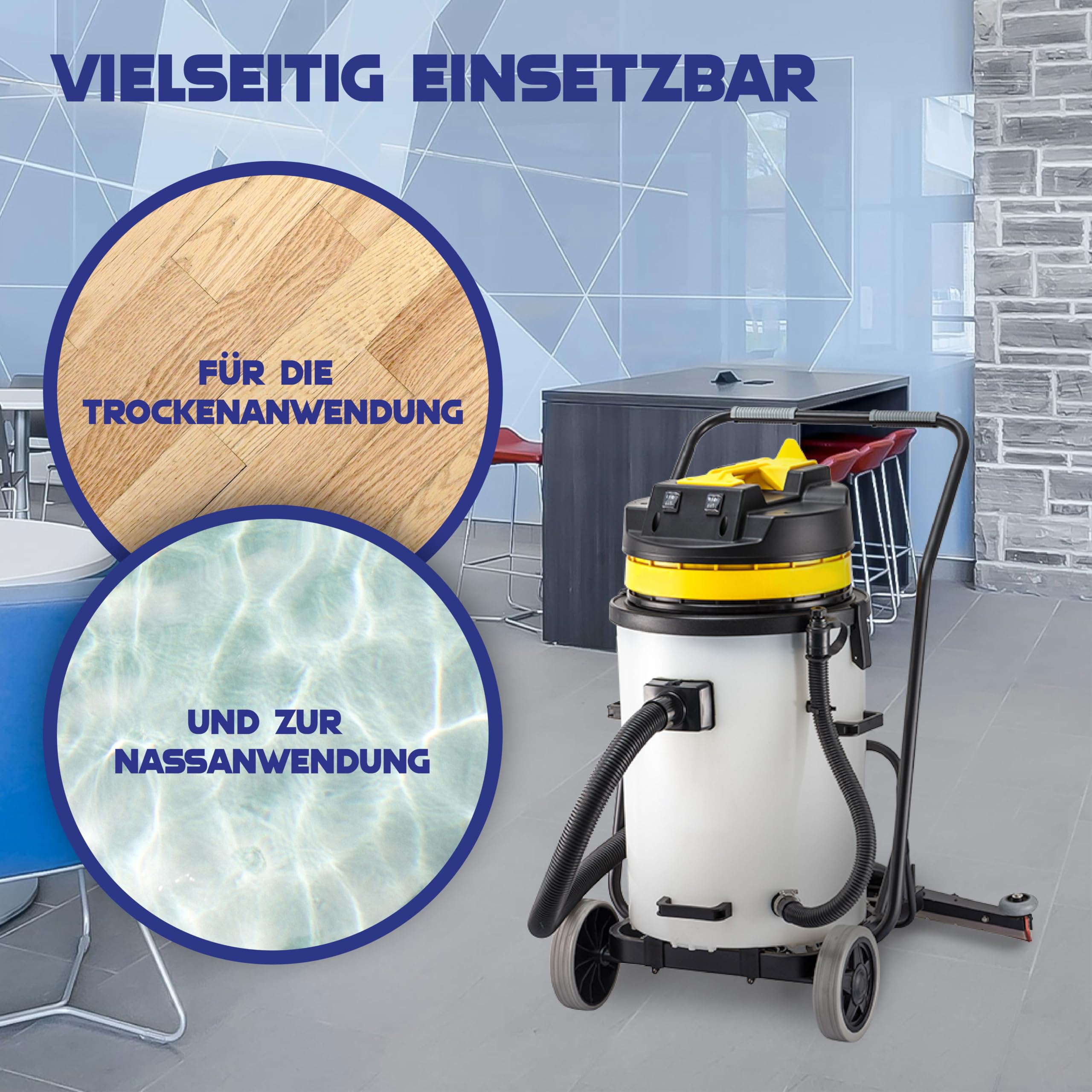 Nass und Trockensauger HL 60SB – Industriesauger, leistungsstarkes Saugsystem mit 2x1000W Motoren, 60L Fassungsvermögen, Schlauch & Wassersaugdüse - Reinigungsmaschine Boden