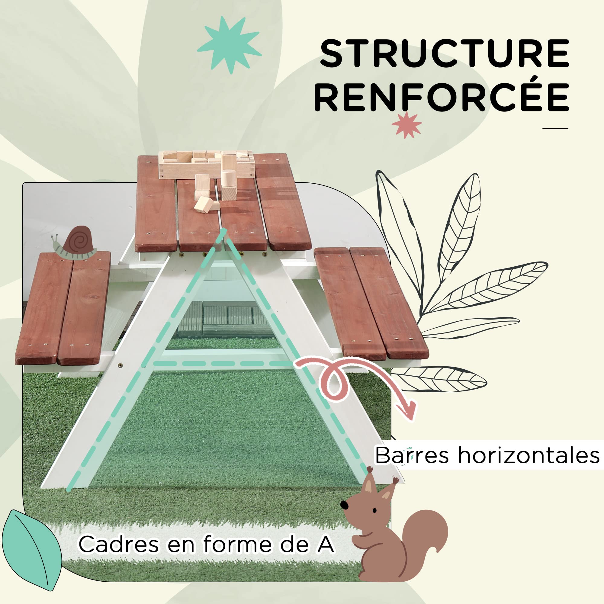 Outsunny Table de Pique-Nique pour Enfants avec 2 bancs | Table pour le jardin en bois massif, 89L x 79l x 50H cm, marron et blanc