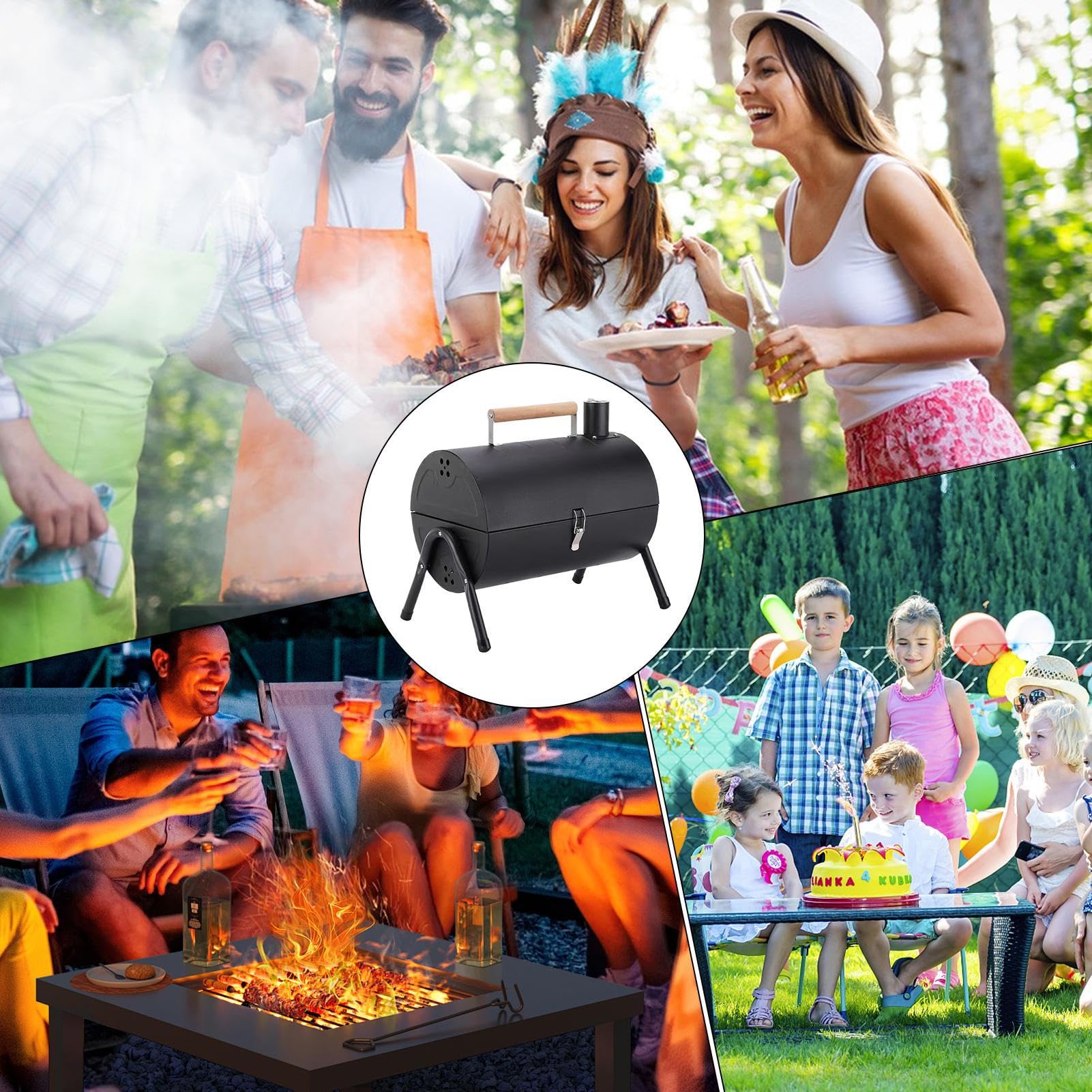 Parrilla de Barril de Carbón - Barbacoa Ahumador Para Jardín,Barbacoa de Barril Ligera y Ventilada para Terraza, Jardín, Balcón, Camping, Patio y Picnic
