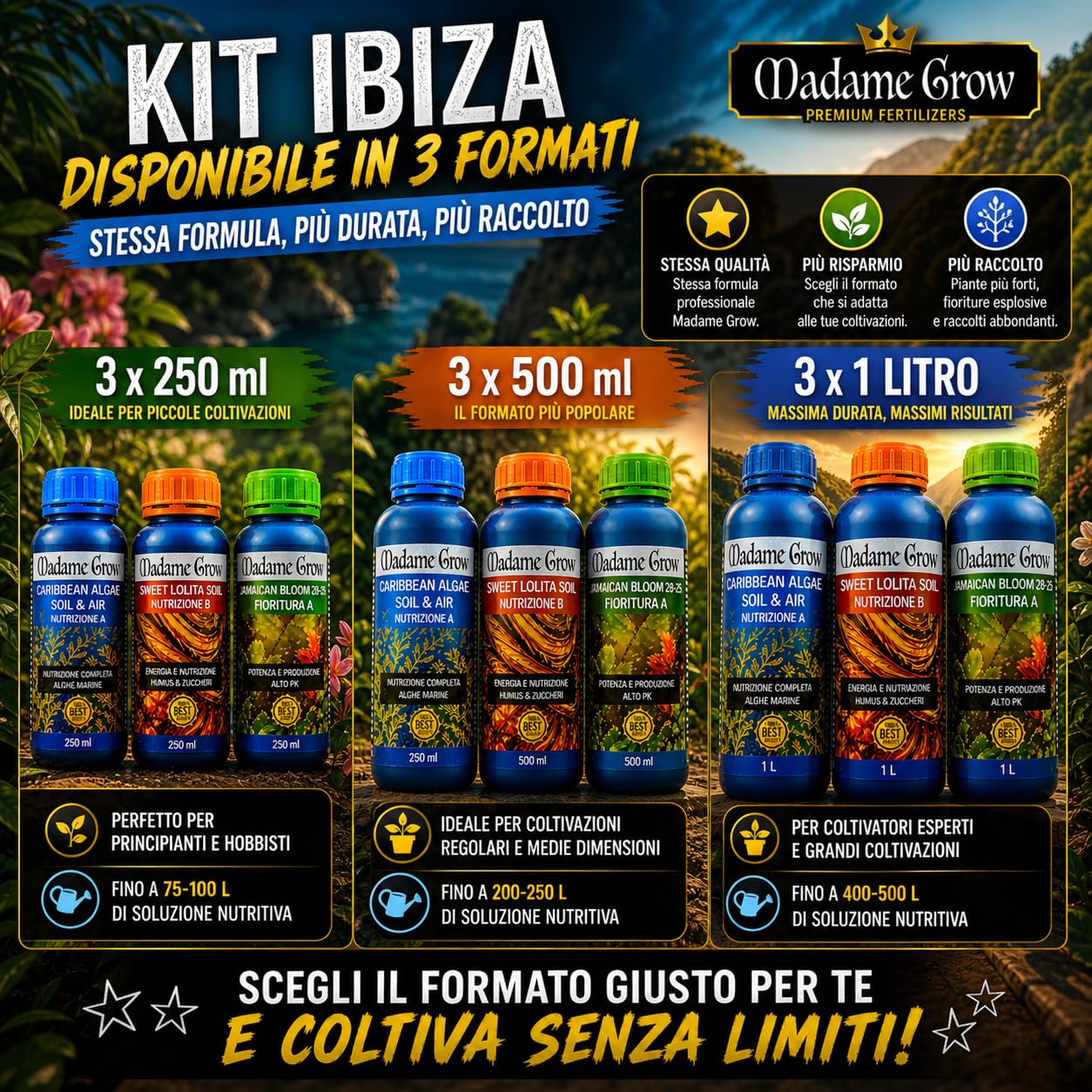 PACK IBIZA - Nawozy do uprawy roślin 420 - Algi, energia i PK Kwitnienia - Maksymalna wydajność - Większe plony - Duże kłosy (3 x 500 ml)