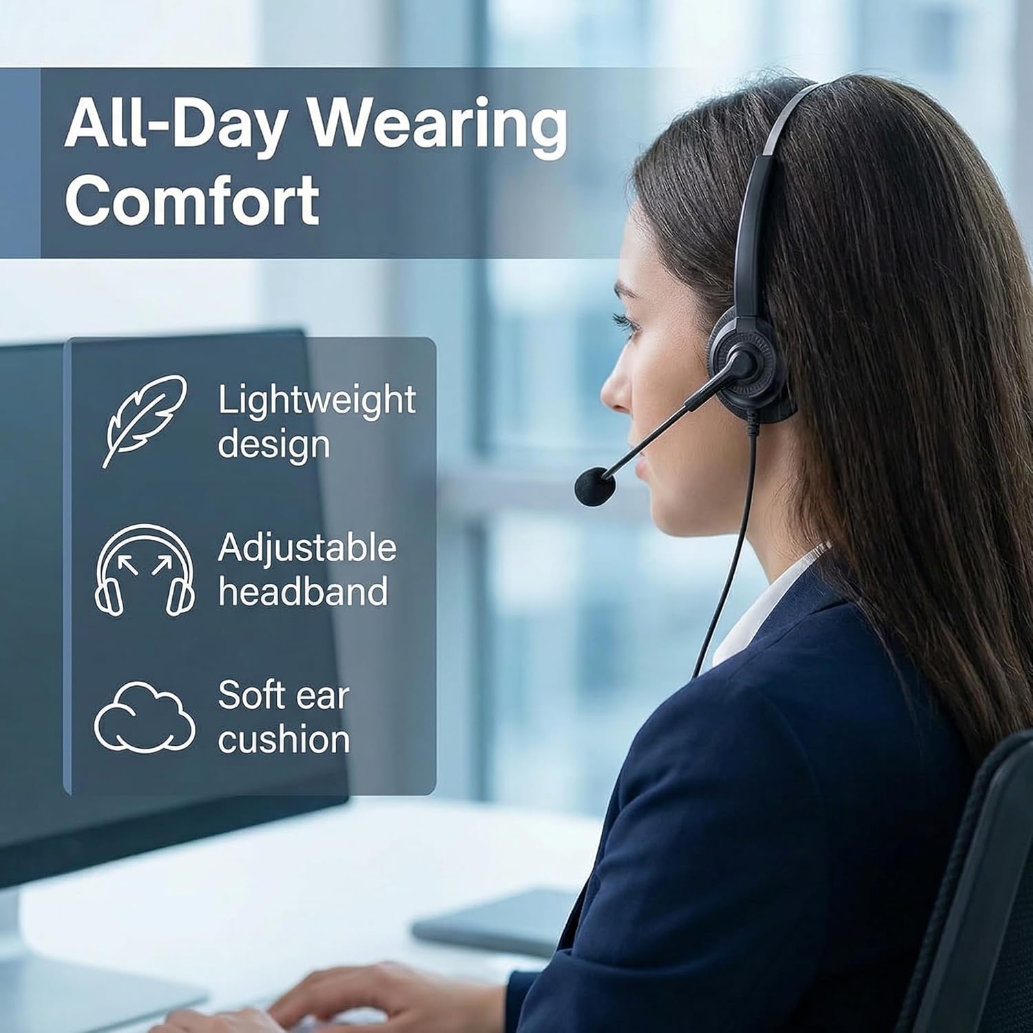 Phone Headset Compatible with Yealink Office Desk Phones T2x T3x T4x T5x MP VP Series with RJ9 Connector, Telephone Headsets with Noise-Canceling Mic for Call Center/Home/Business
