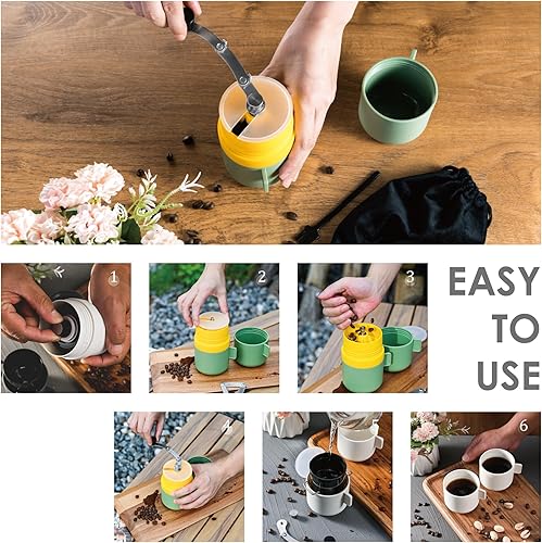 Miniatura 5 de Molinillo de café manual portátil, molinillo manual de granos de café con rebabas cónicas de cerámica, balancín plegable, grosor ajustable,
