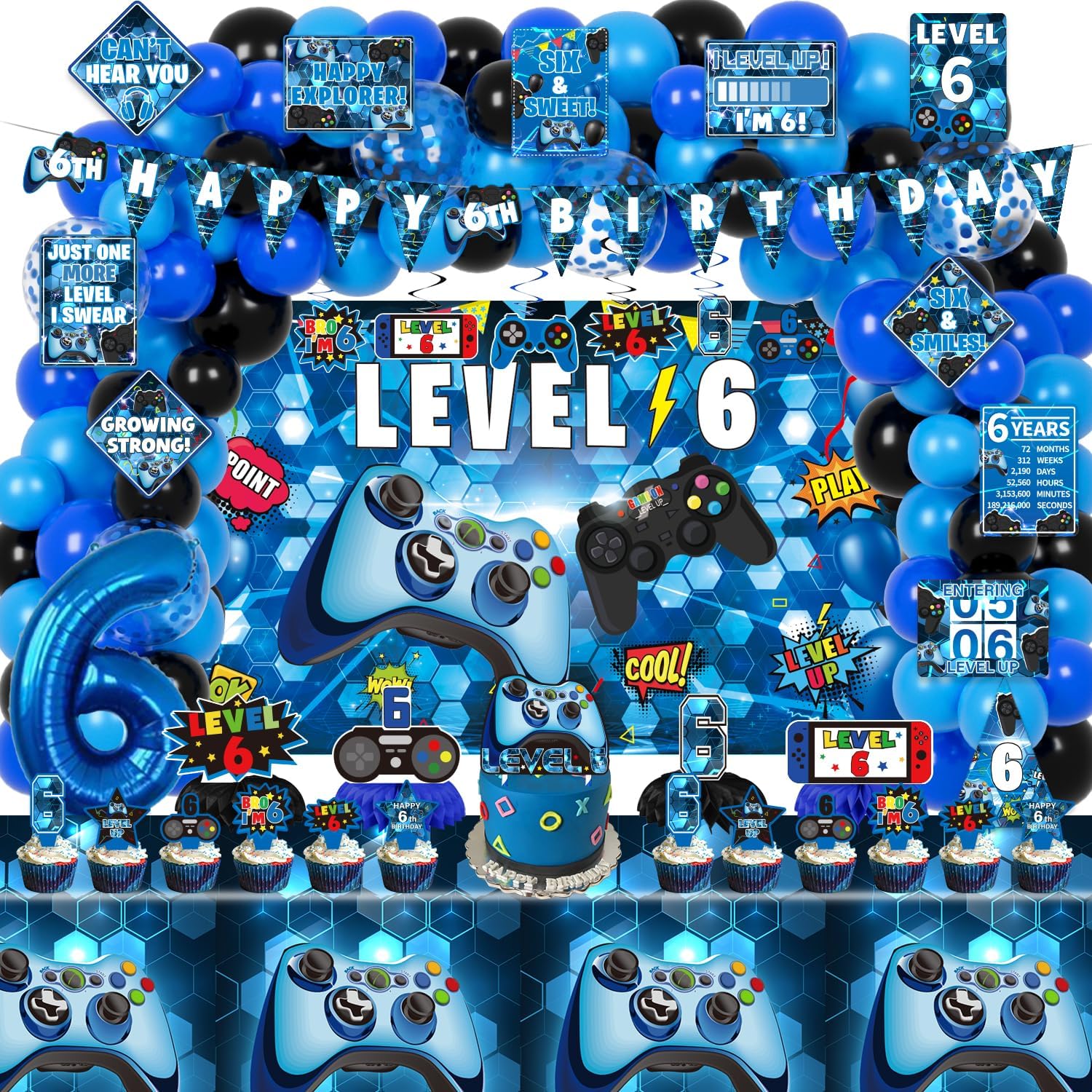 KOTLMIGHT 6th Birthday Decorations for Boys, 149Pcs Blue Video Game level 6 Party Supplies for Boy 6th Birthday - Backdrop, Banner, Balloons, Tablecloth, Centerpieces, Hanging Swirls, Wall Signs