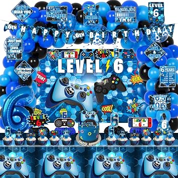 KOTLMIGHT 6th Birthday Decorations for Boys, 149Pcs Blue Video Game level 6 Party Supplies for Boy 6th Birthday - Backdrop, Banner, Balloons, Tablecloth, Centerpieces, Hanging Swirls, Wall Signs