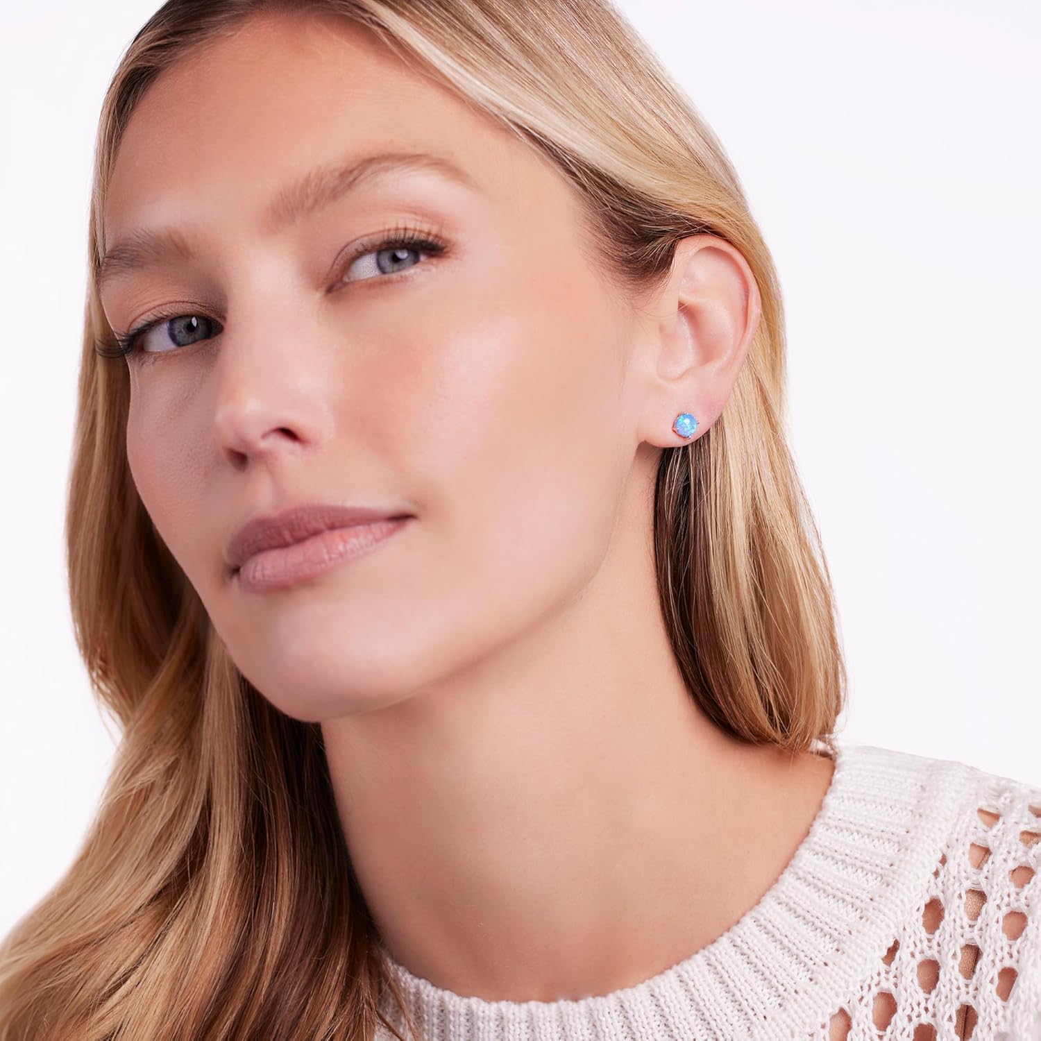 JTV Lab-Created Opal Stud Earrings Set for Women – 6mm Round White, Pink & Blue Opals in Rhodium Over Sterling Silver – Elegant Jewelry Gift Box Included, (3-Pair) - Image 3