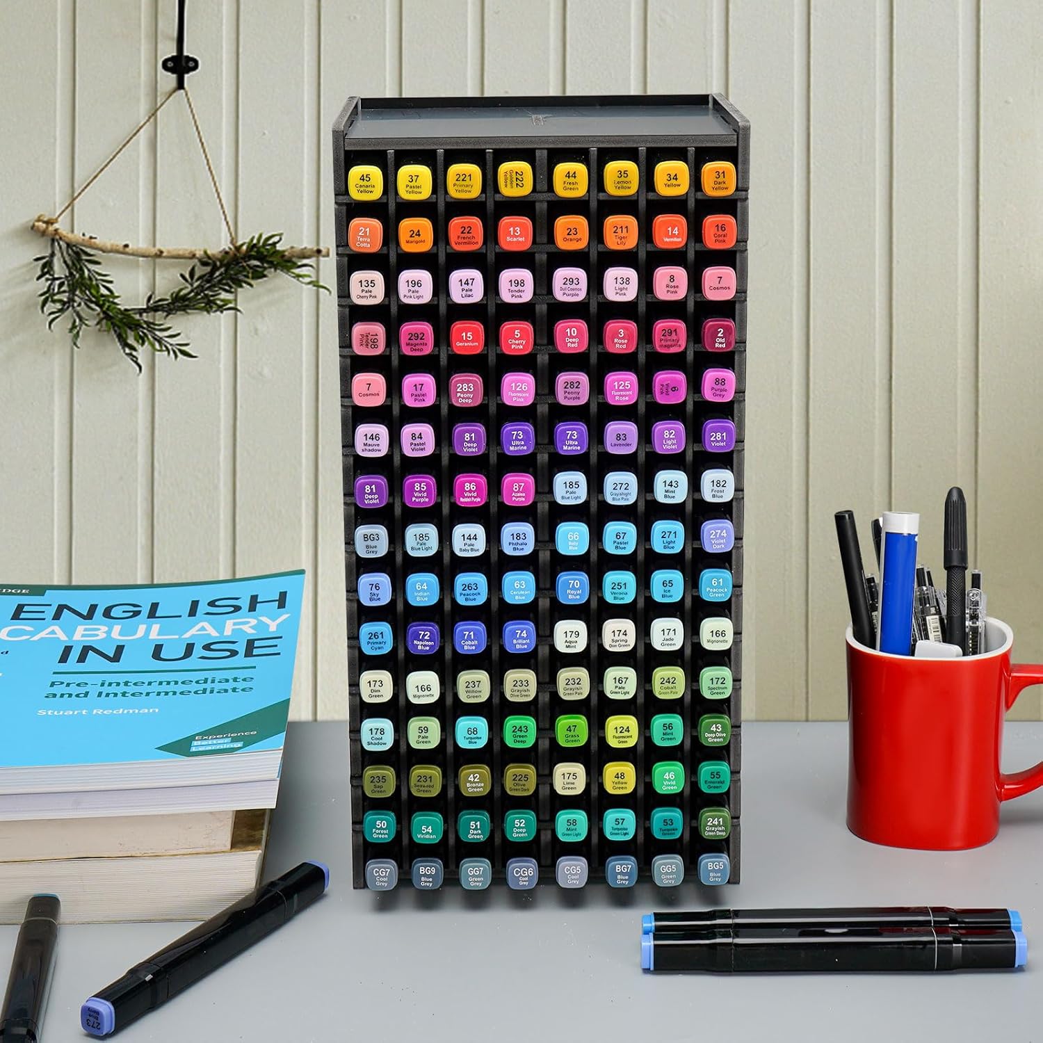 SANFURNEY Art Marker Storage Rack for 120 Markers, Watercolour Brushes Pens Color Pencils Organizer Holder for Desk, Black