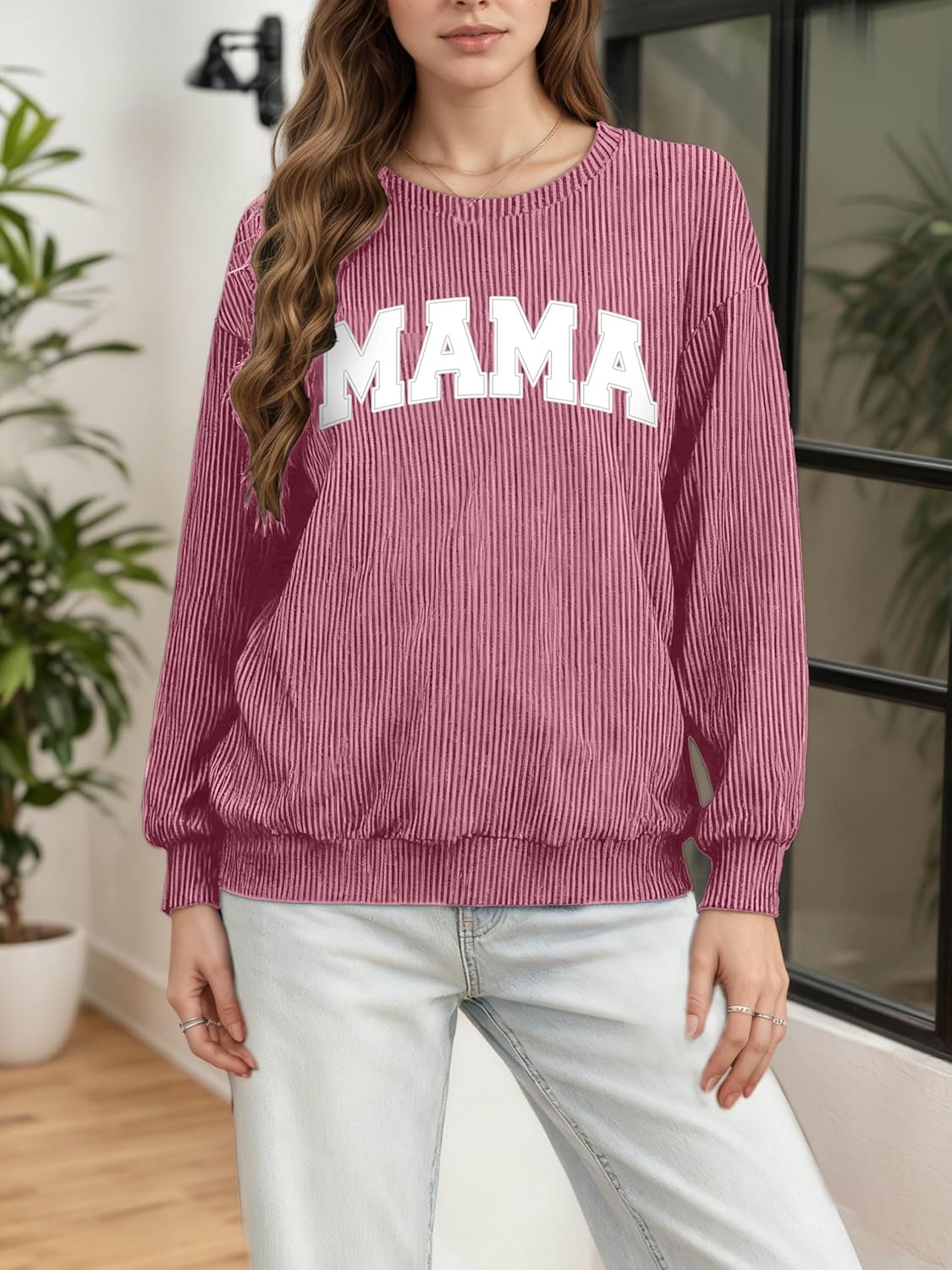 Mama Sweatshirts for Women Mama Graphic Ribbed Long Sleeve Shirts Mom Casual Crewneck Fall Pullover - Image 2