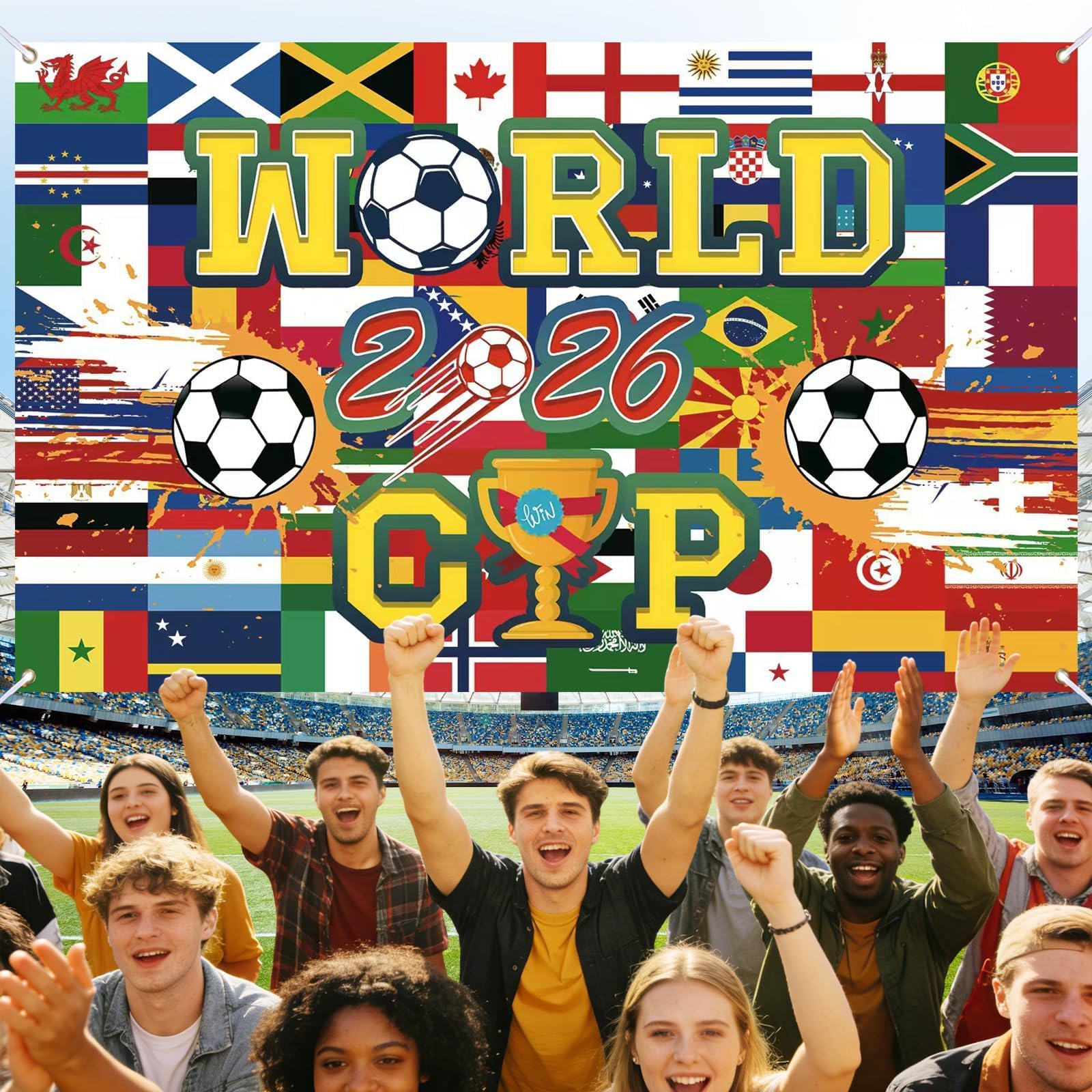 World Banner Decorations, 5.9ft x 3.6ft Large Soccer Flag with Four Brass Eyelets Durable Polyester Decoration for Wall, Garden, Street, Indoor & Outdoor Party Decor