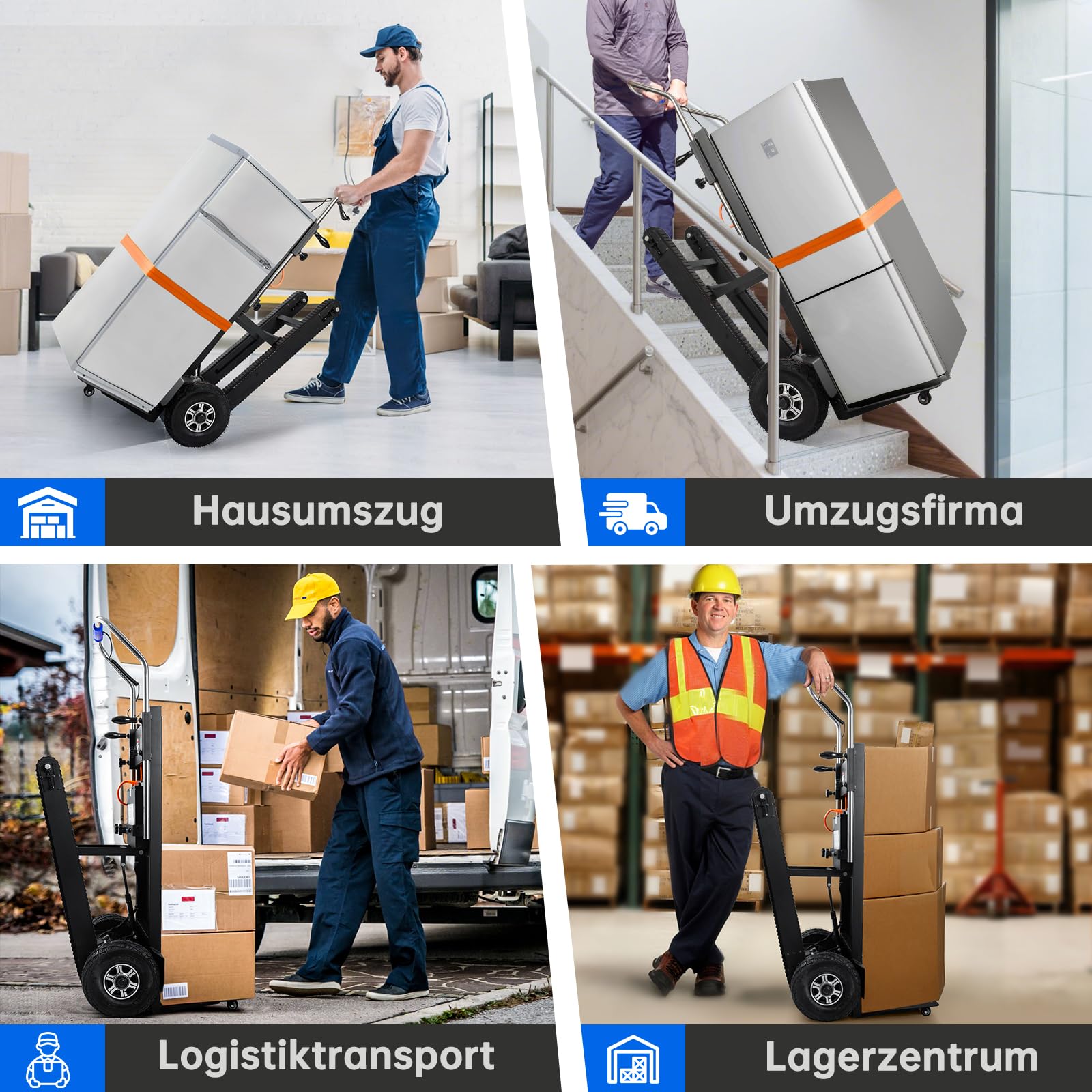 1250W Elektrische Sackkarre mit Gummiketten, Elektrischer Treppensteiger 408kg Tragkraft, Treppen & Abstiege BewäLtigen, Treppensteiger mit Sicherheitsseil & Luftpumpe für Möbeltransportieren Schwarz