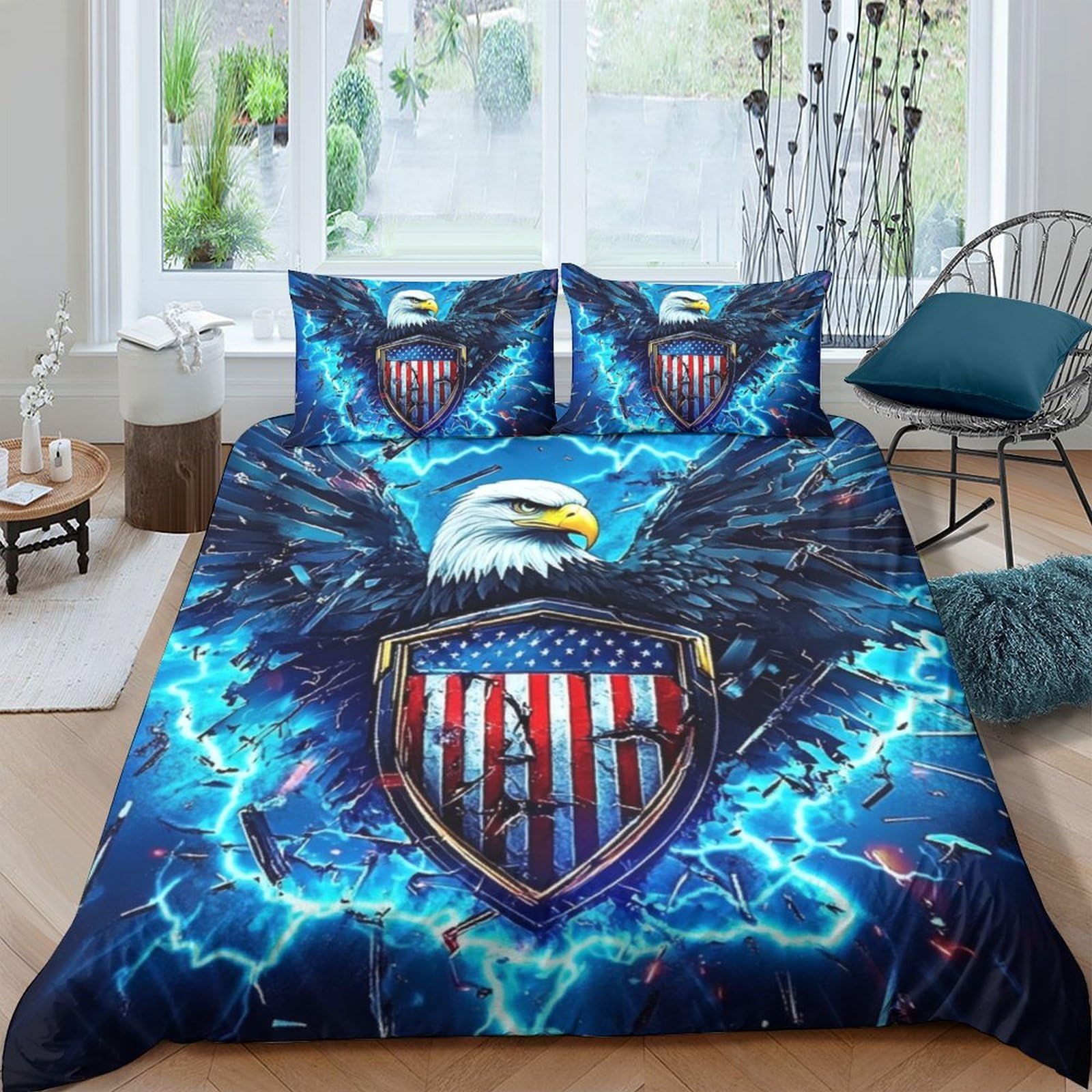 Ctjqhvkz Style-4 3D Printed American Eagle Fitted Sheet Microfiber Bold Blue Lightning Shield Mattress Cover For Bedroom Guest Room Decor Single（135X200cm）