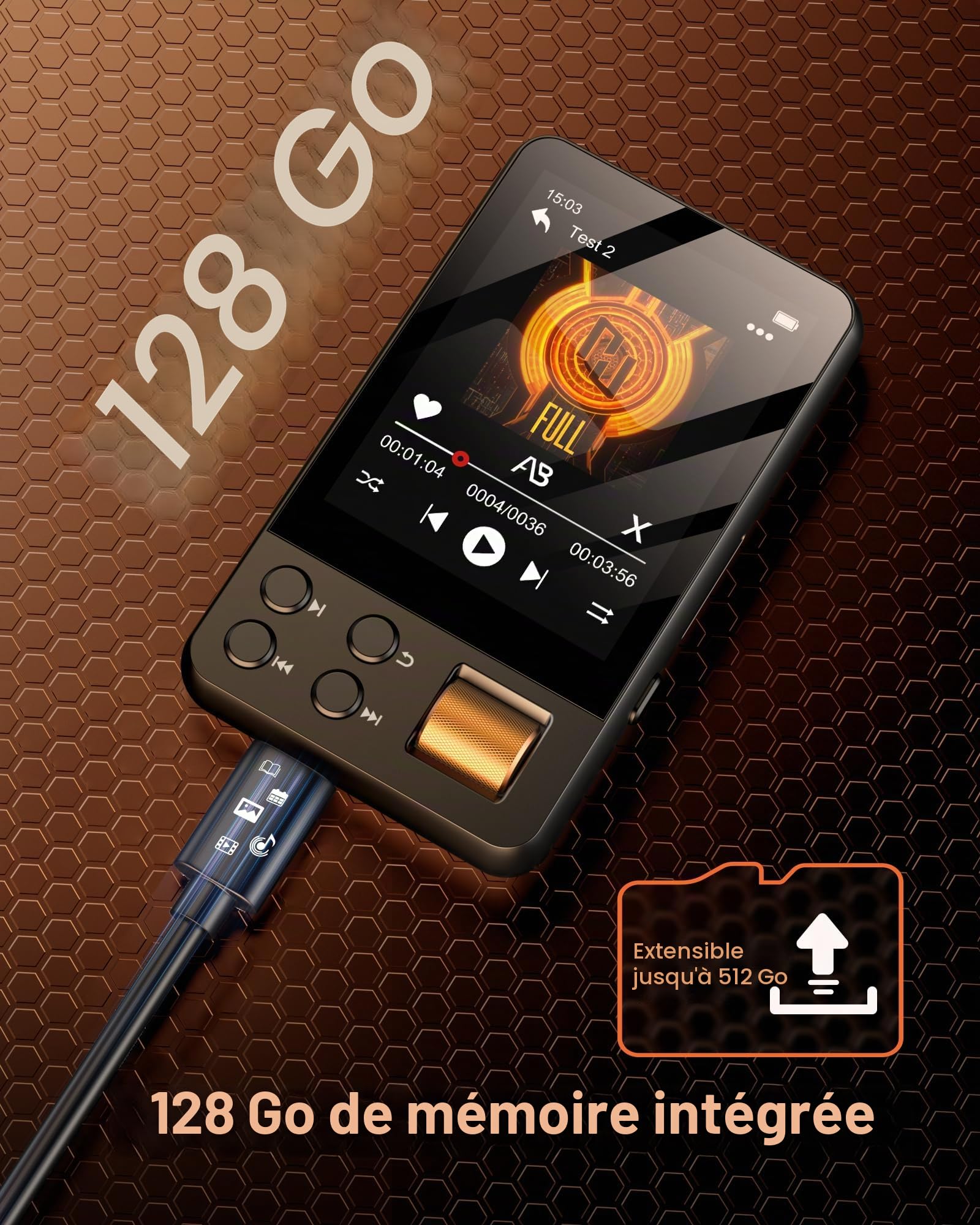 Lecteur MP3 avec Bluetooth 5.4, Lecteur Musique Enfant Hi-FI avec Écran Tactile 2.4", 128GB Baladeur MP3 Sport Compatible avec Radio FM, Enregistrement, Prend en Charge Cartes TF Jusqu'à 512 Go