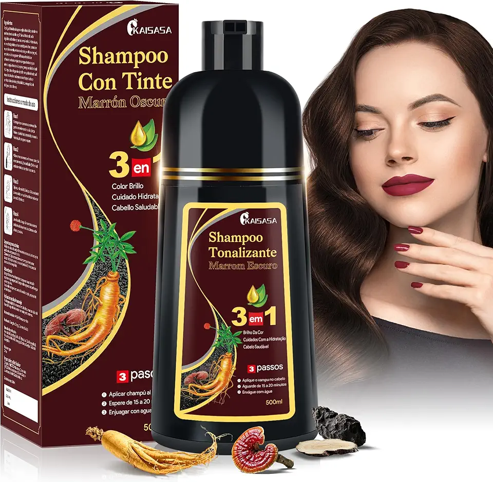 KAISASA Shampoo Tonalizante 3 em 1 Marrom Escuro, para disfarçar cabelos brancos, com Argan e Oliva –Shampoo de Tintura de Cabelo 500ml