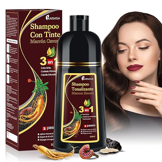 Shampoo Colorante 3 em 1 KAISASA, Marrom Escuro, 500ml, com Óleo de Argan e Azeite, Cobertura de Grisalhos