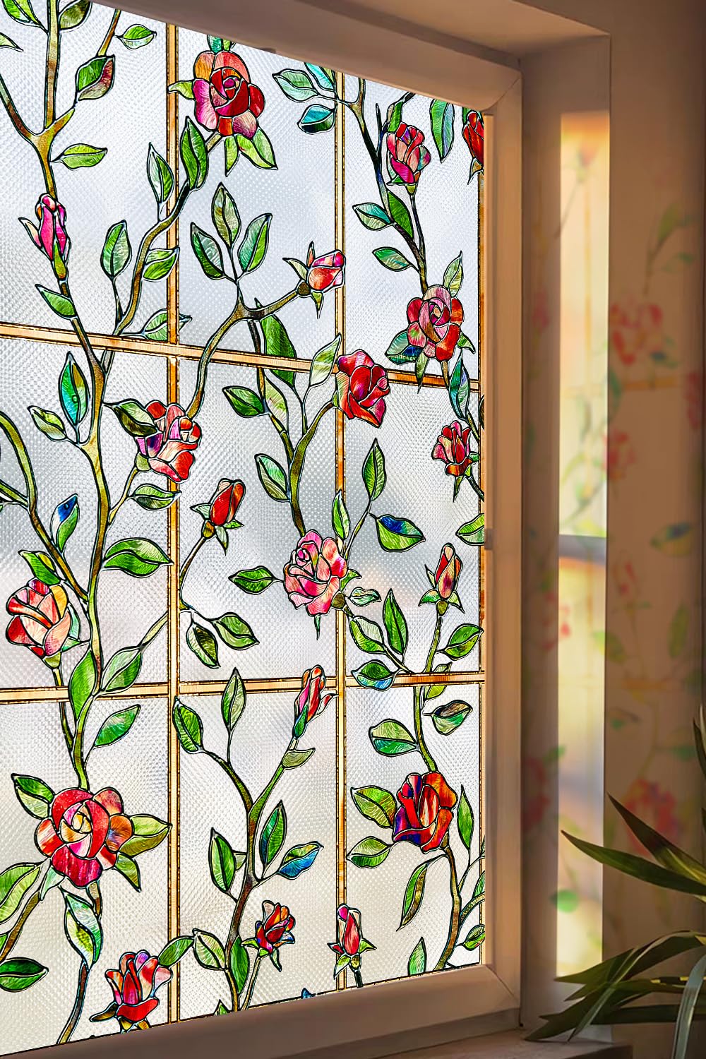 Windimiley Stained Glass Window Privacy Film: 3D Rose Decorative Bathroom Frosted Static Cling Sun Heat Blocking Flower Window Tint for Home Non Adhesive Door Window Covering (35.4 x 118.1 in,Red)