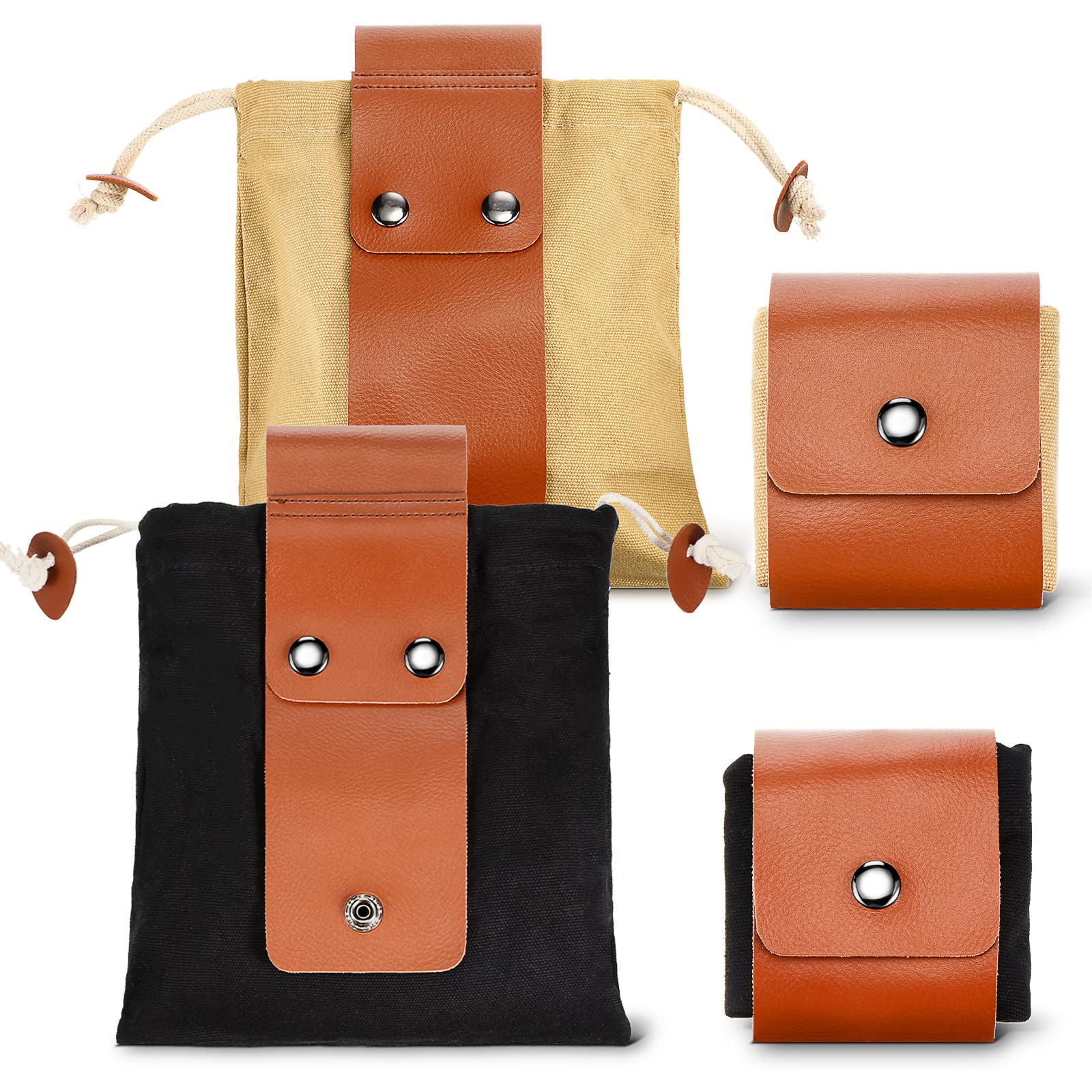 Foraging Bag 2 Pieces Leather and Canvas Foraging Pouch Outdoor Foldable Bushcraft Bag Portable Collapsible Waist Packs for Treasures Seashells Travel Camping Hiking Farming Supplies, Black and Khaki