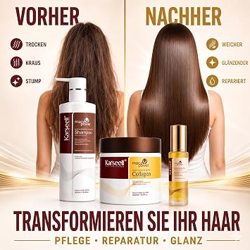 Karseell MACA CARE SYSTEM Set Kollagen Maske 500ml + Arganöl 50ml + Shampoo 500ml Haarreparatur Profi Feuchtigkeitspflege Anti-Frizz Glanz-Effekt Trockenes Strapaziertes Haar Maca-Essenz Komplett-Kur
