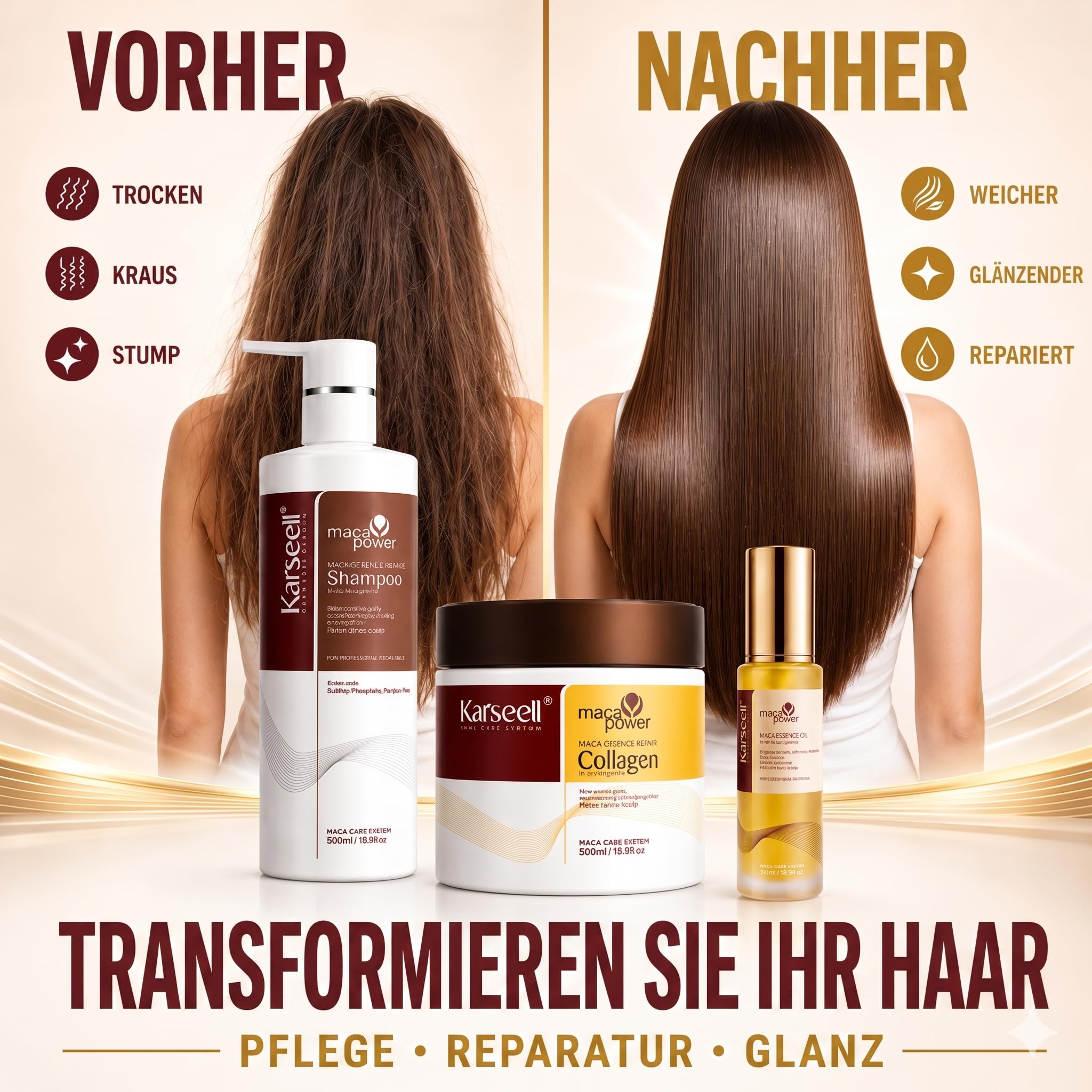 Karseell MACA CARE SYSTEM Set Kollagen Maske 500ml + Arganöl 50ml + Shampoo 500ml Haarreparatur Profi Feuchtigkeitspflege Anti-Frizz Glanz-Effekt Trockenes Strapaziertes Haar Maca-Essenz Komplett-Kur