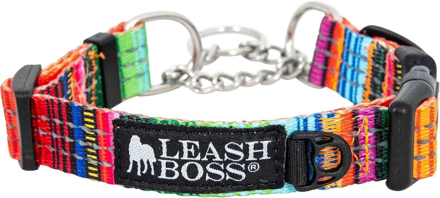 Leash Boss Martingale Collar for Dogs - Steel Chain | Reflective Nylon Dog Collar for Large Dogs, Medium and Small Dogs | No Pull Pet Training Collar Small Large (19-24.5" Neck x 1" Wide) Orange - Blanket