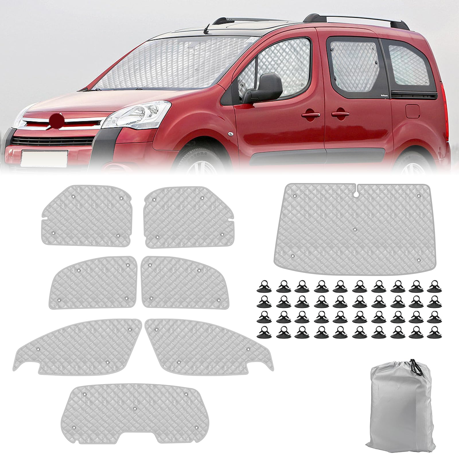 Sonnenschutz Kompatibel mit Citroen Berlingo 2008-2018, 8PCS Auto Frontscheibe Sonnenschutz Windschutzscheiben Schutz Set, Internes Thermomatte mit Aufbewahrungstasche, Faltbar Sonnenblende