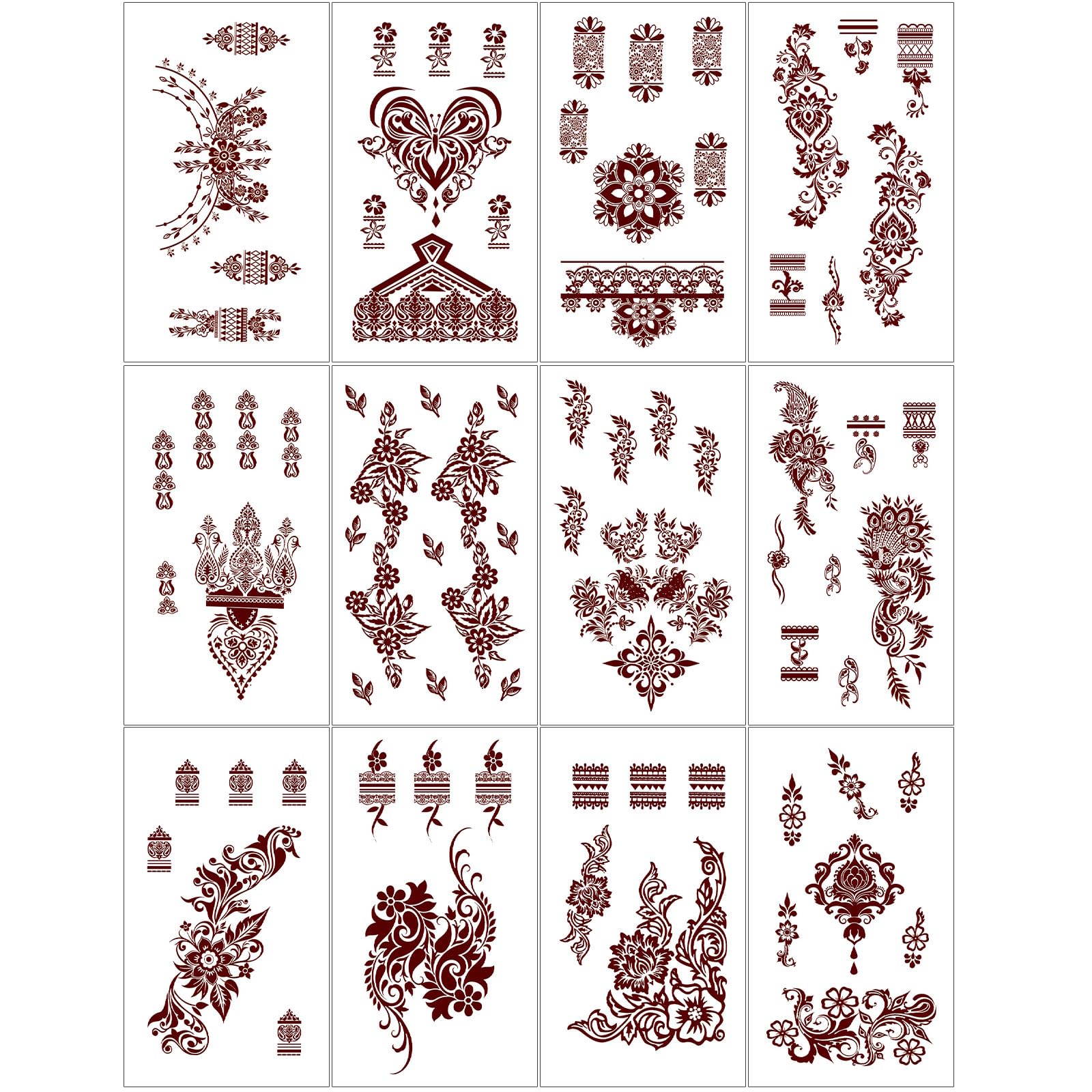 Henna Tattoo 12 Sheets Red Brown Henna Temporary Tattoos for Women and Teen Girl, Waterproof Realistic Mehndi Fake Tattoos for Wedding Beach Rave