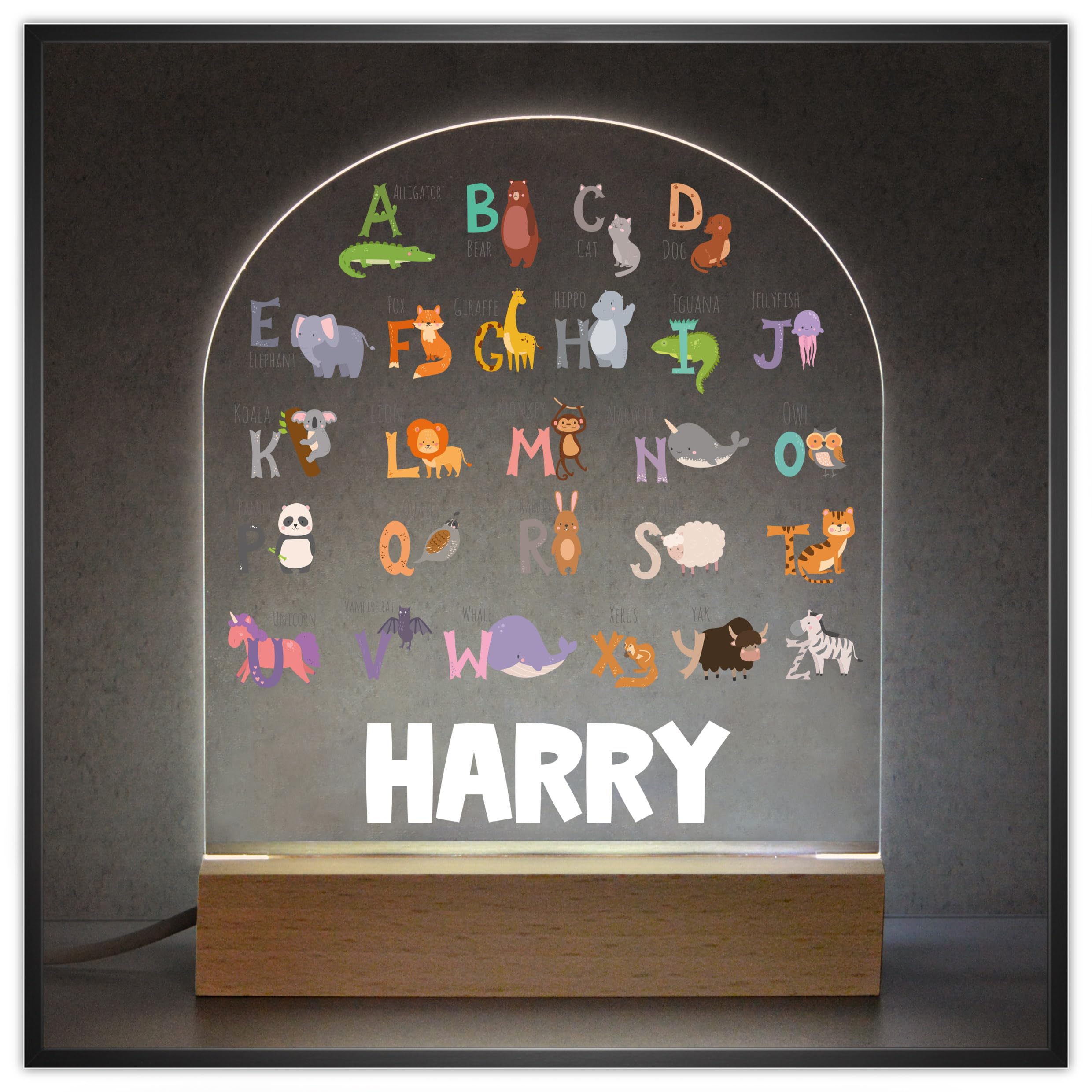 Beecreative Personalised Animal Alphabet Nursery Night Light - Boys Bedroom Alphabet - Acrylic LED Night Light Lamp Sign For Boys - Animal Bedroom