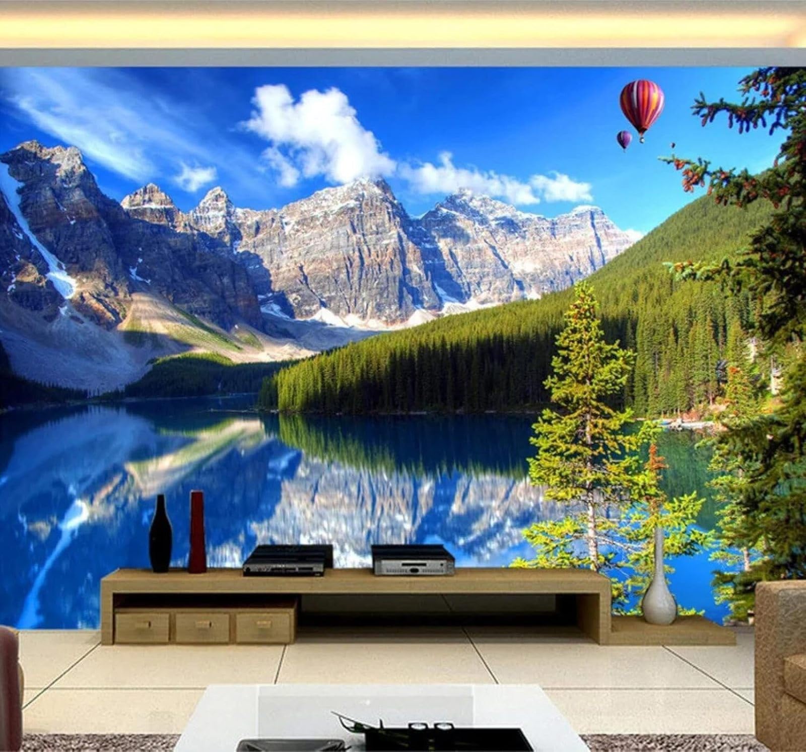 XLMING Beautiful Snow Capped Mountains Lakes Hot Air Balloons Natural Scenery 3D Wallpaper Premium Textured Silk Study Dining Living Room Bedroom Sofa TV Wall Easy Install-200cm×140cm