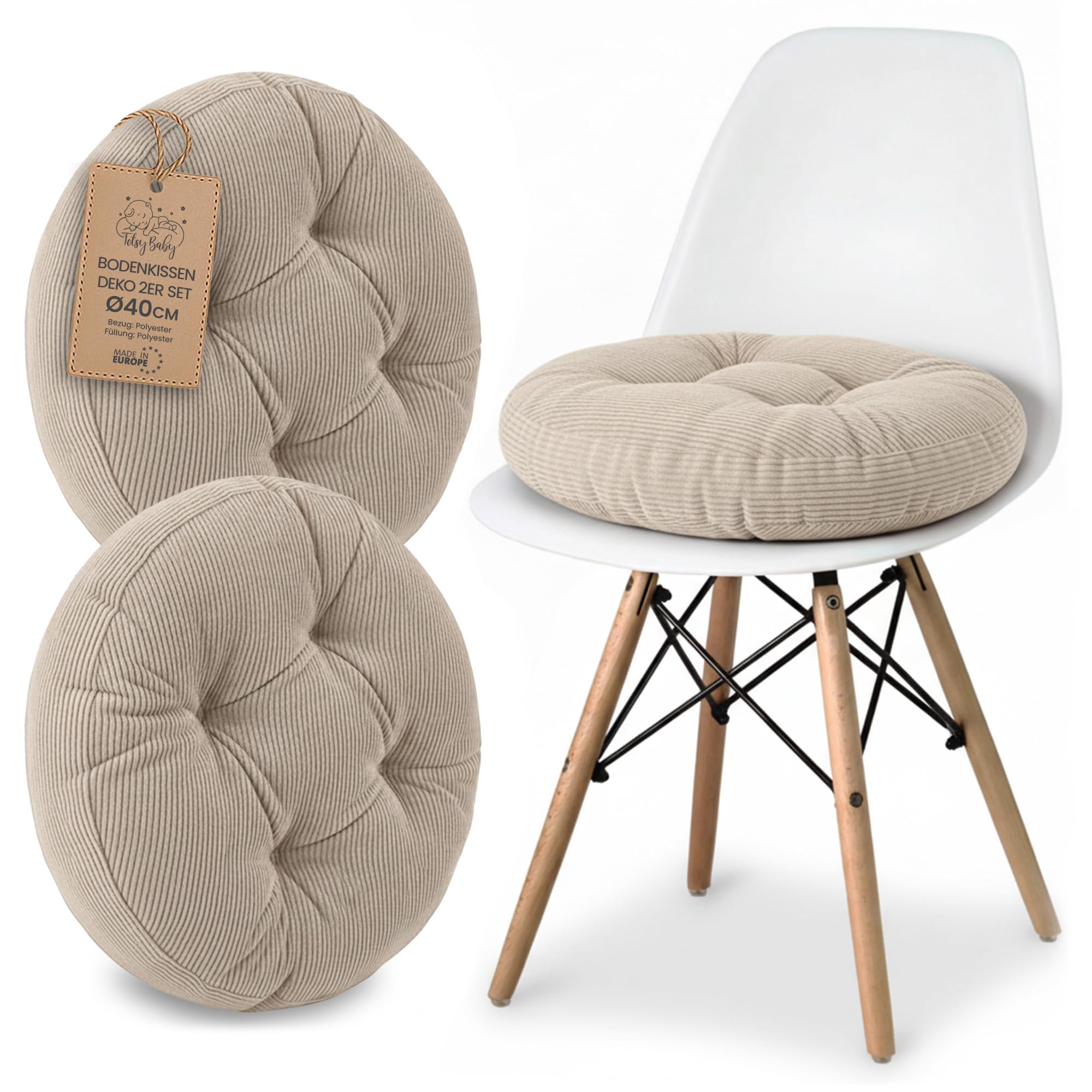 Coussin de Chaise Rond 40 cm Lot de 2 en Velours Côtelé Moelleux