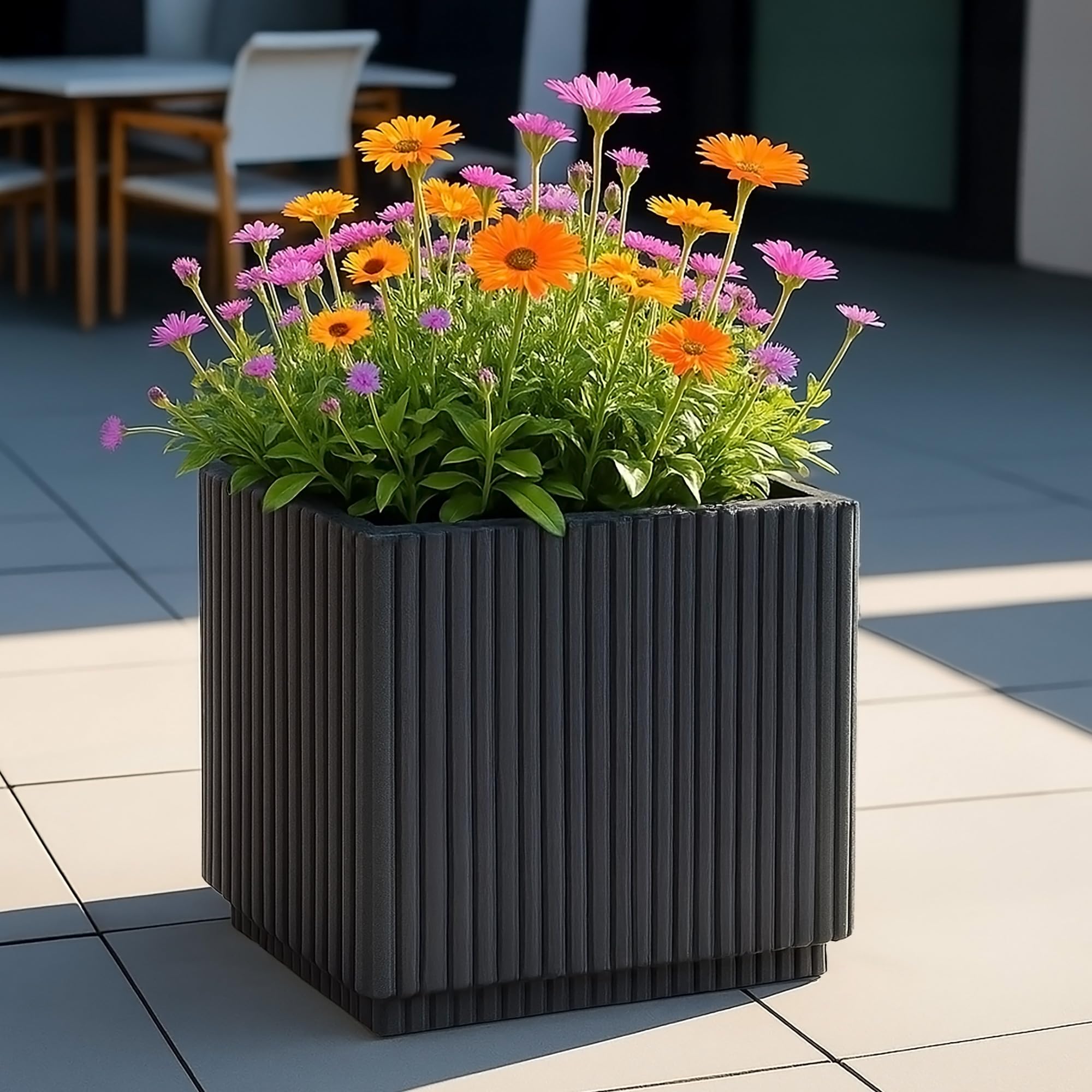 IDEALIST 30cm Square Planter | Ribbed Black Reinforced Stone Square Box | Garden Planters with Drainage Holes H30 L30 W30 cm, 18 litres