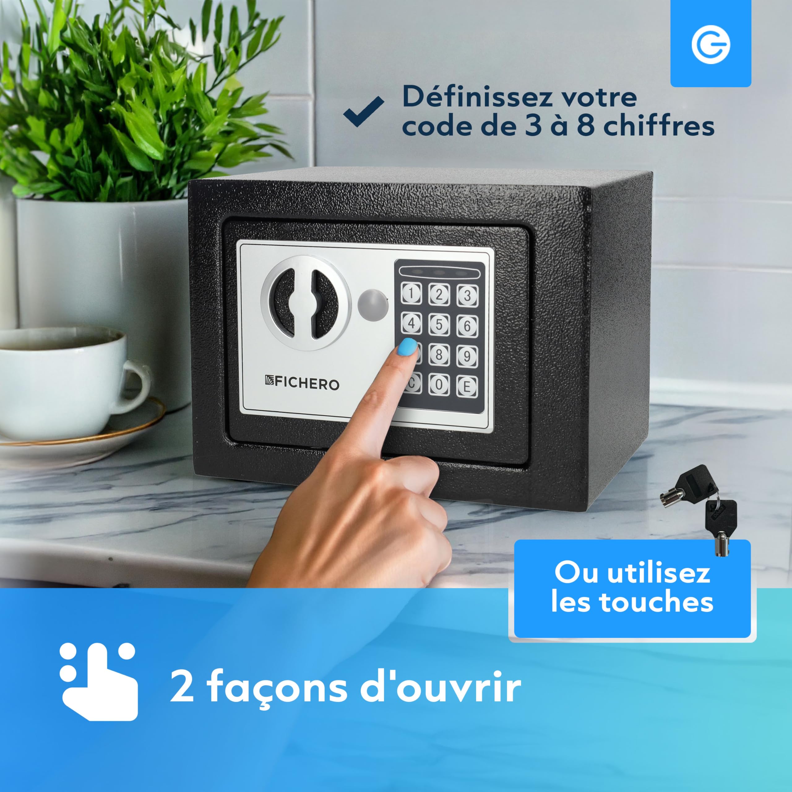 Silvergear® Petit Coffre Fort à Code | Coffre Fort en Acier avec Serrure Électronique à Code de Chiffres | 2 Clés et Code pour Ranger l'argent, Bijoux & Objets de Valeur | 17x23x17cm | Noir