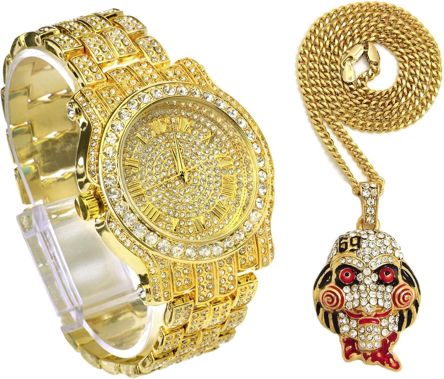 Hip Hop Gold Plated Iced Bling Lab Diamonds Watch & Jigsaw Pendant Necklace Set