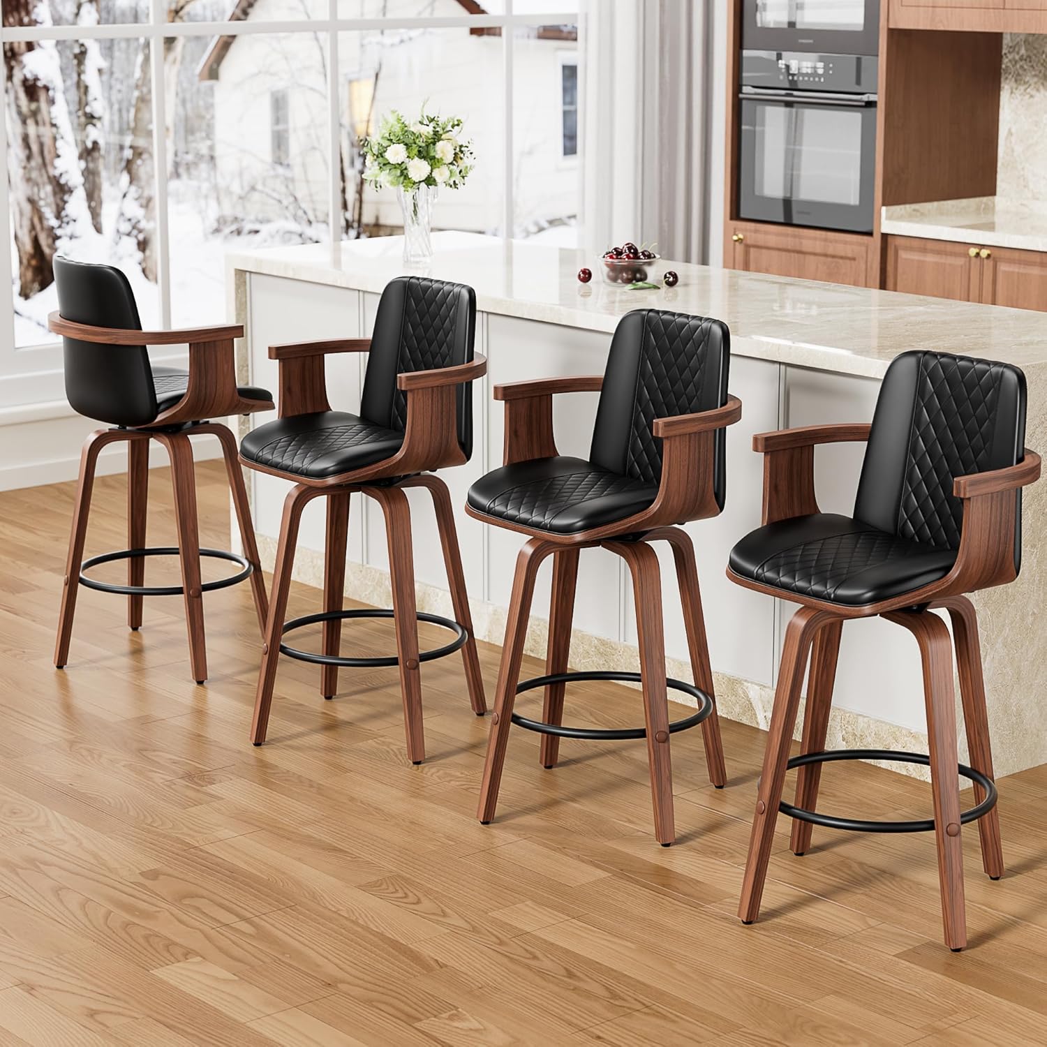 Bar Stools Set of 4, 26" Swivel Barstools with Back & Wooden Arms, Mid Century Modern PU Leather Counter Height Bar Chairs for Kitchen Islands, Home Bars, Cafés - Black
