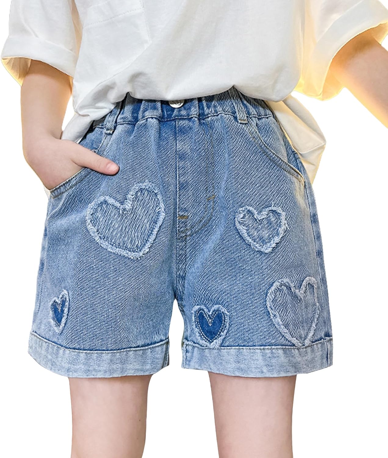 Happy Cherry Girls Denim Shorts Stretch High Waisted Jeans Elastic Waist Straight Leg Jean Shorts Ages 5 to 14